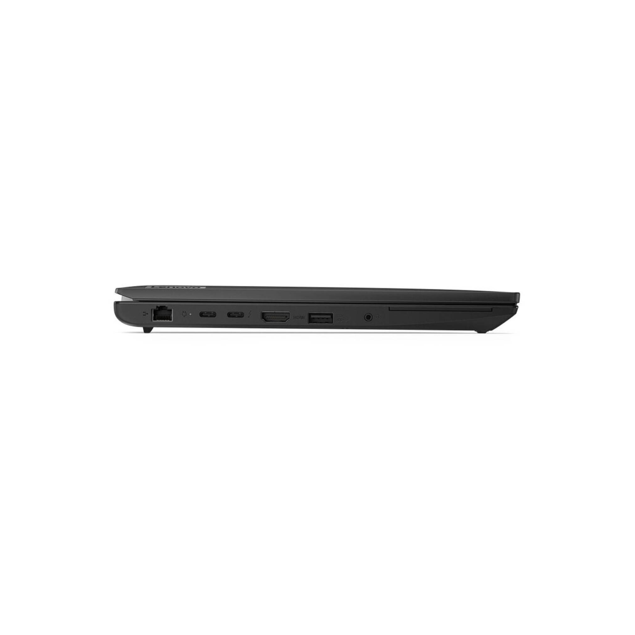 Seitenansicht eines geschlossenen schwarzen Laptops mit seinen Anschlüssen an der linken Kante und schlankem Profil auf weißem Hintergrund.