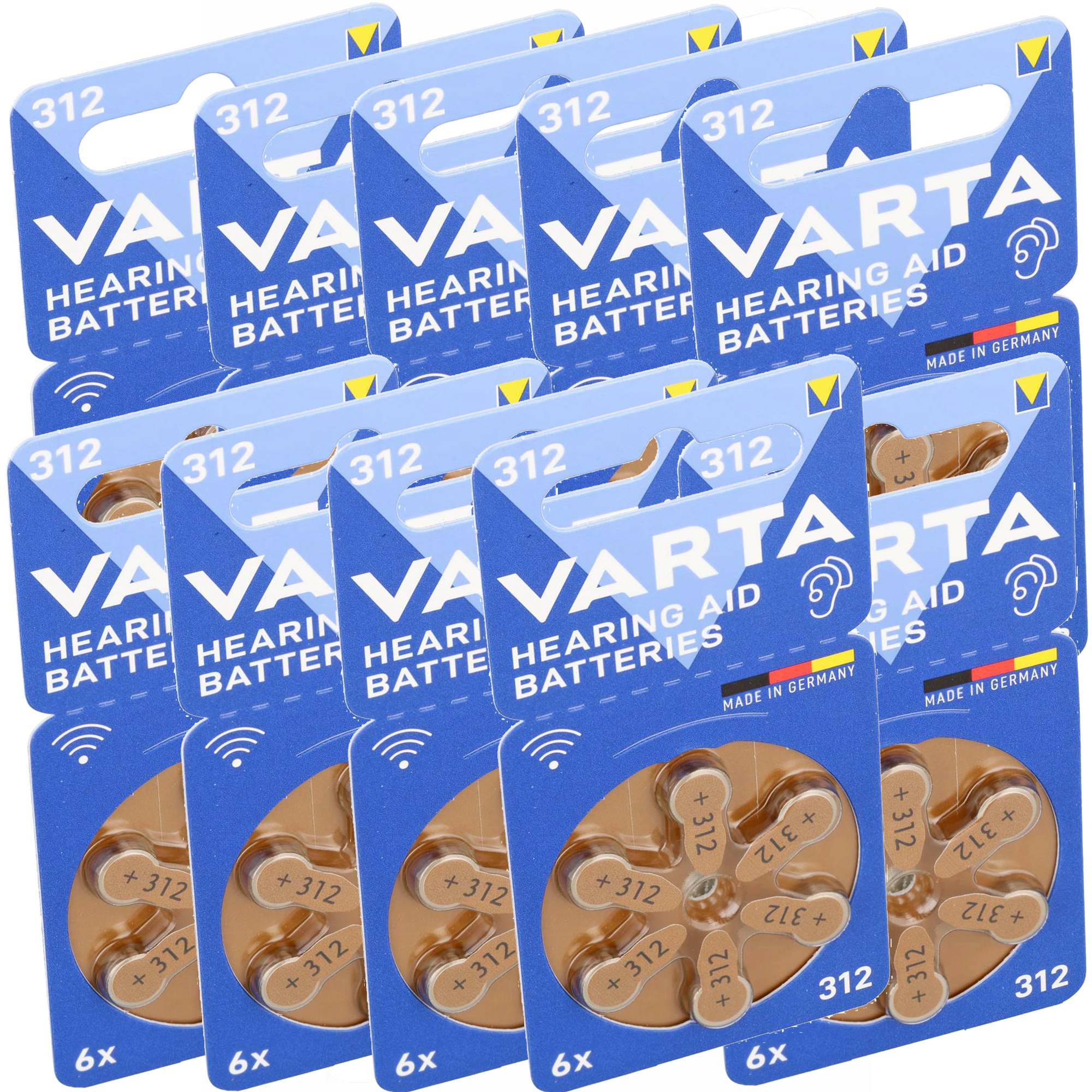 10 Stück Varta Batterie Zinc Air, 312, 1.4V Retail Blister (6-Pack) Hörgerätebatterie