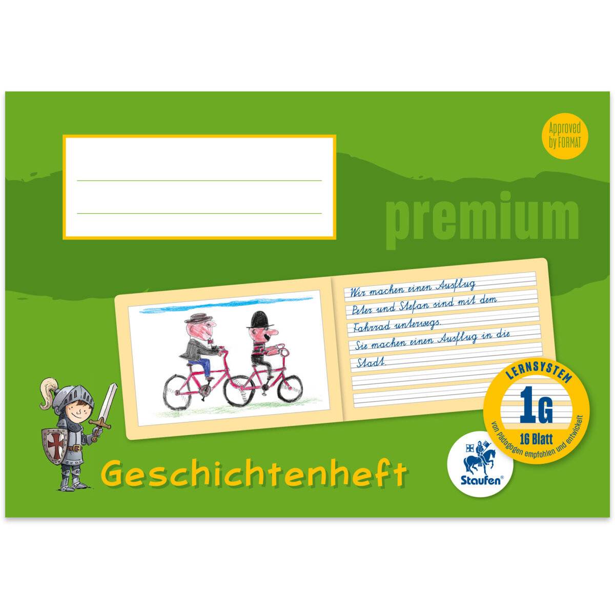Staufen® Geschichtenheft Premium Lineatur 1G (1.Schuljahr) liniert DIN A5 quer Rand rundum, 16 Blatt