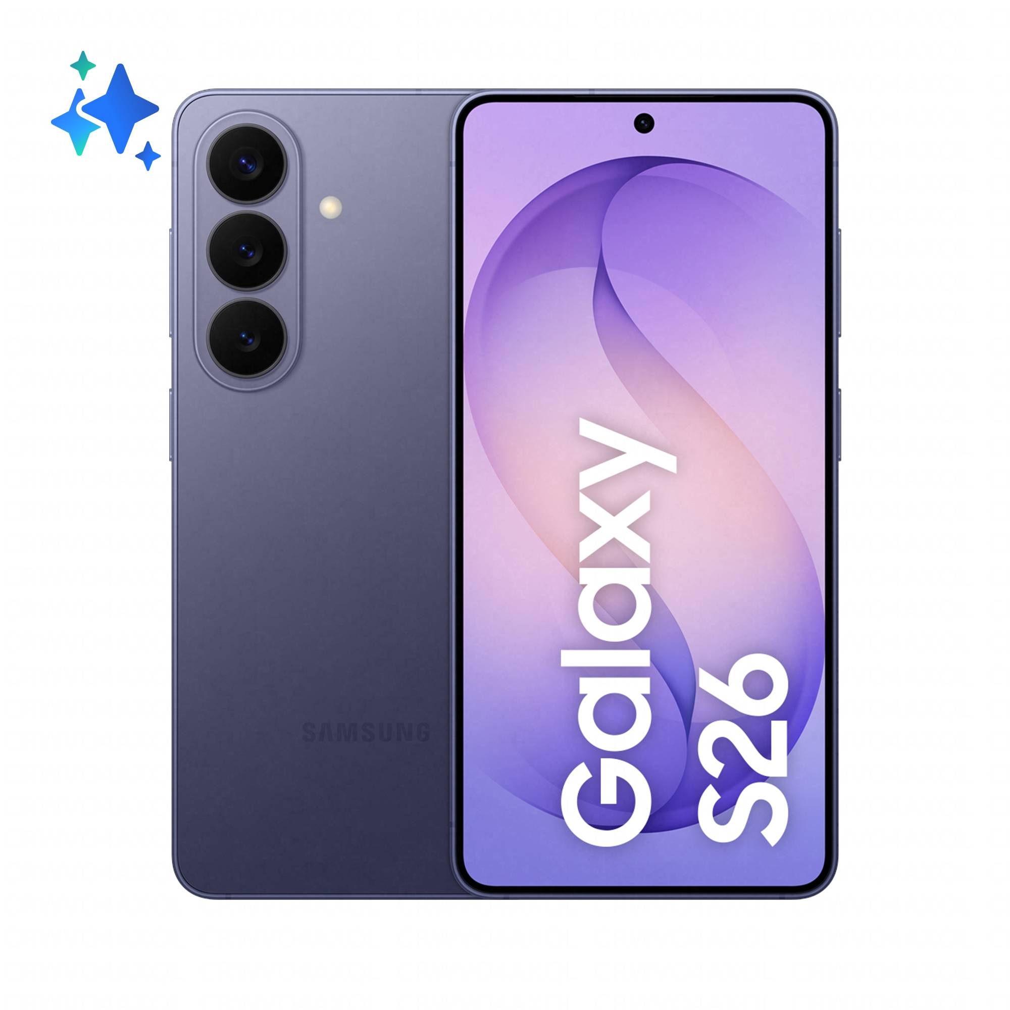 Samsung Galaxy S26 Smartphone in Violett von vorne und hinten gezeigt, mit dreifacher Rückkamera und zentriertem Punch-Hole-Display.