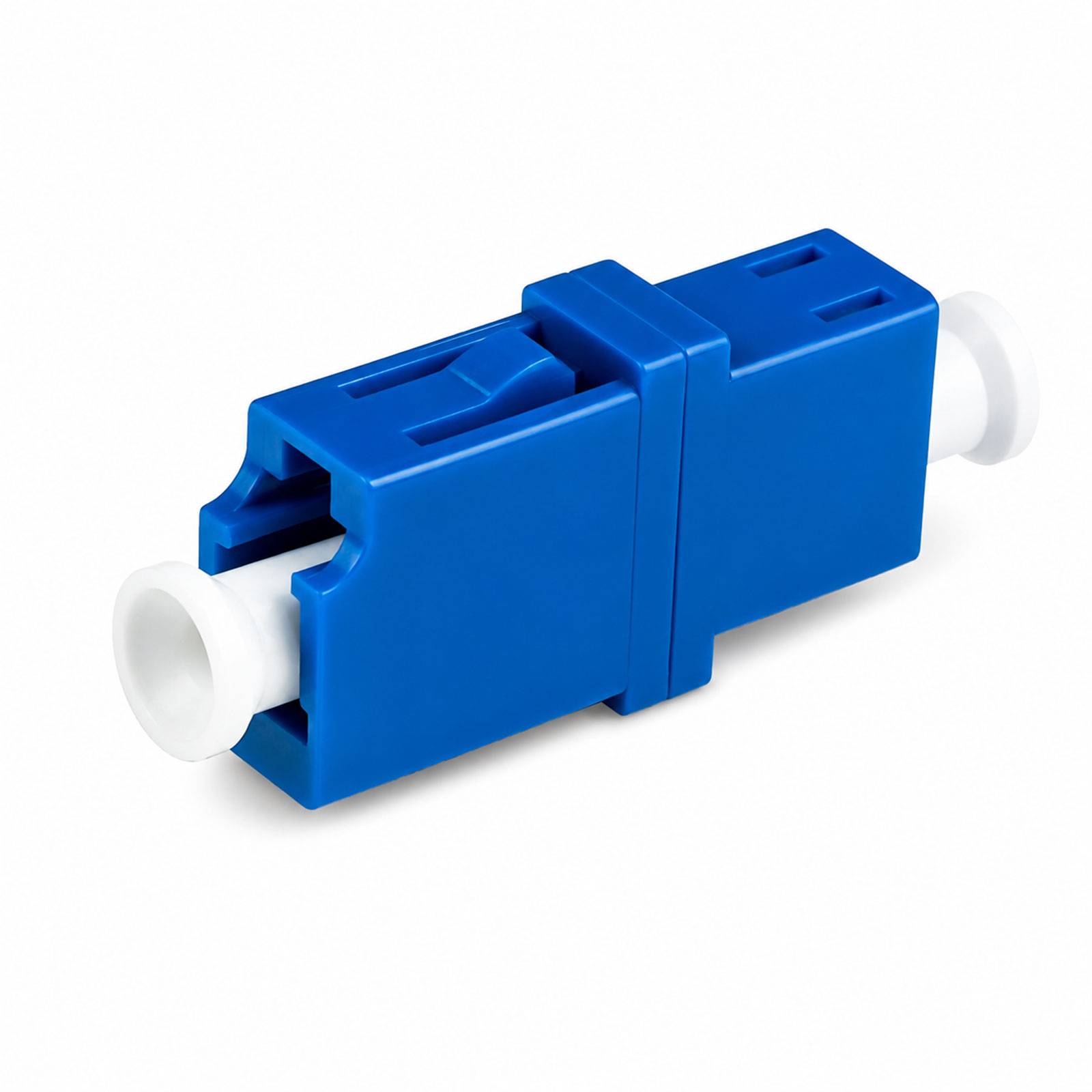 Blauer Lichtwellenleiter-Adapter mit weißen Steckverbinder-Enden auf weißem Hintergrund.