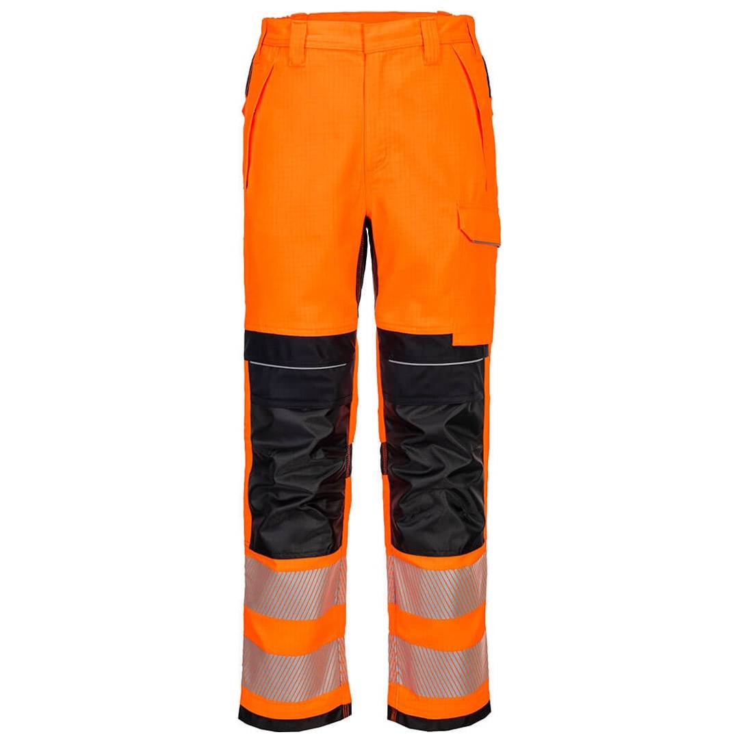 Hochsichtbare orangefarbene Arbeitshosen mit schwarzen verstärkten Kniepartien und reflektierenden Bändern an den Unterschenkeln.