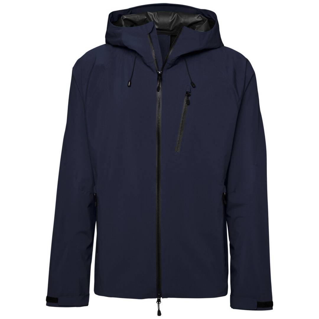Dunkelblaue Kapuzenjacke mit Reißverschluss, langen Ärmeln und Brusttasche, Vorderansicht auf weißem Hintergrund.