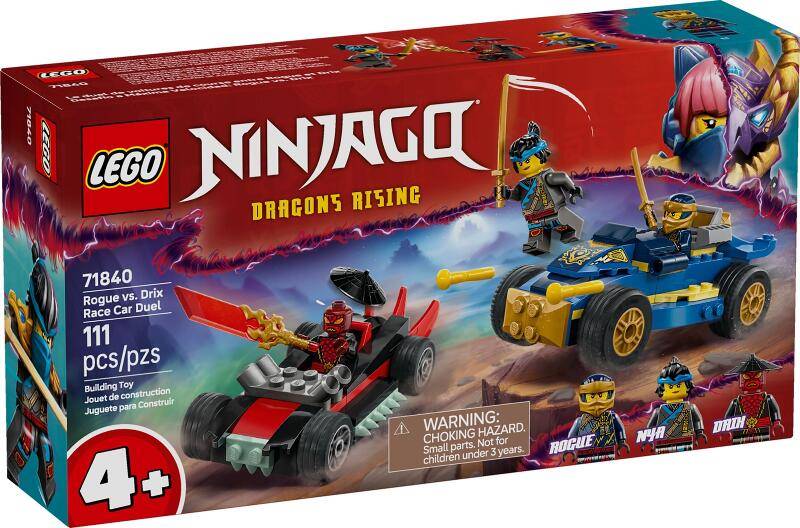 LEGO NINJAGO Dragons Rising Schurke gegen Drix Autod­uell-Set-Box mit zwei Minifiguren, die in roten und blauen Fahrzeugen kämpfen; 111 Teile, ab 4 Jahren