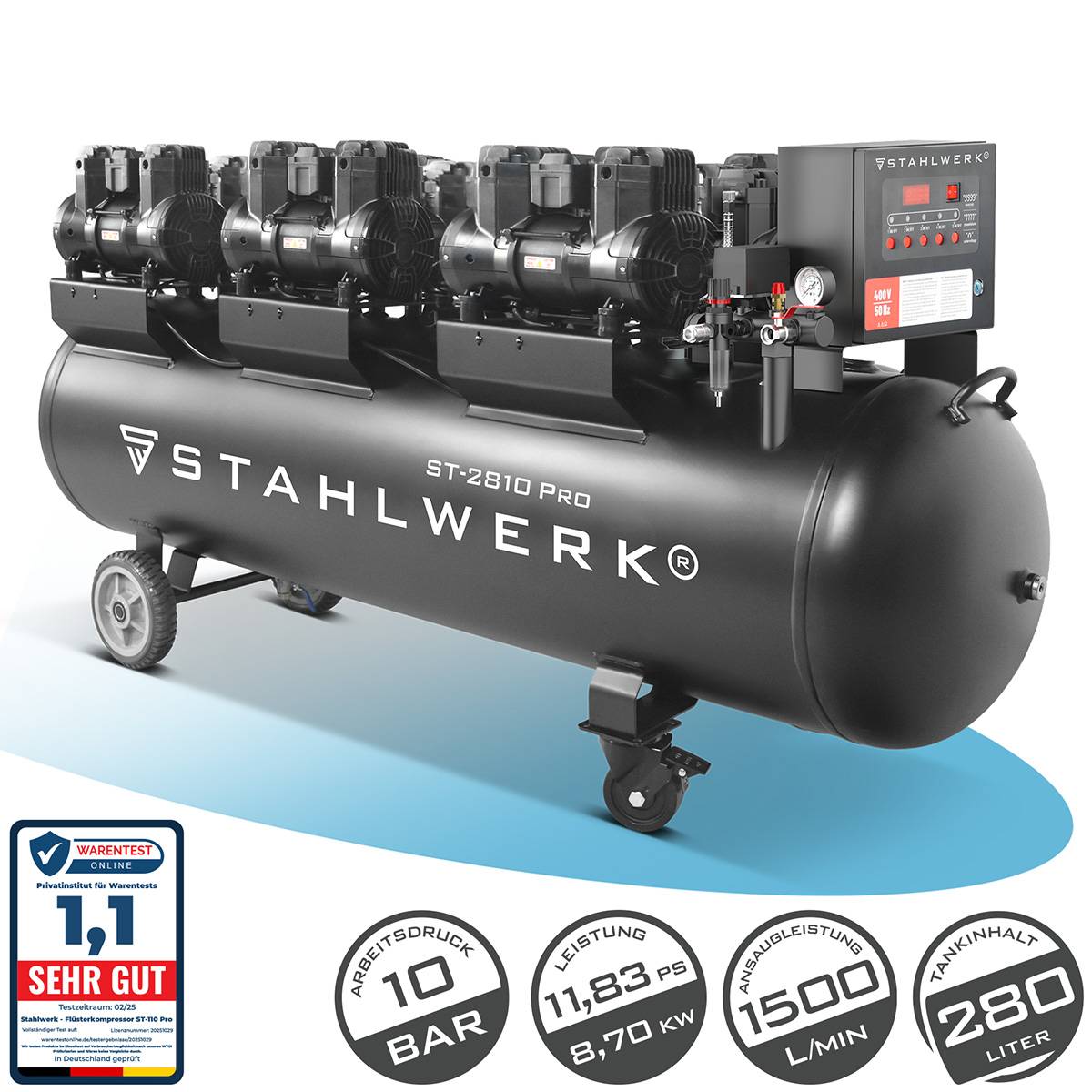 STAHLWERK Kompressor 10 bar 280 L 11,83 PS 8,70 kW 1500 l/min Druckluftkompressor
