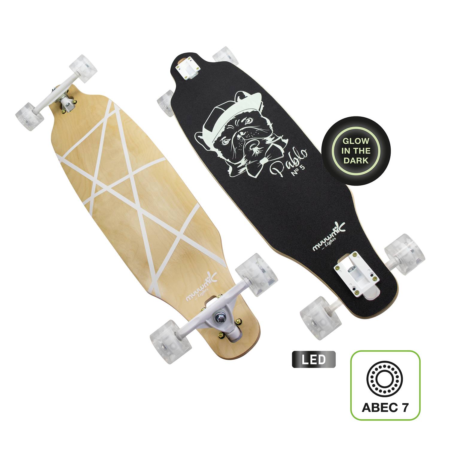 muuwmi Lights Longboard GLOW ABEC 7 Pablo, mit Leuchtrollen und Glow-Effekt