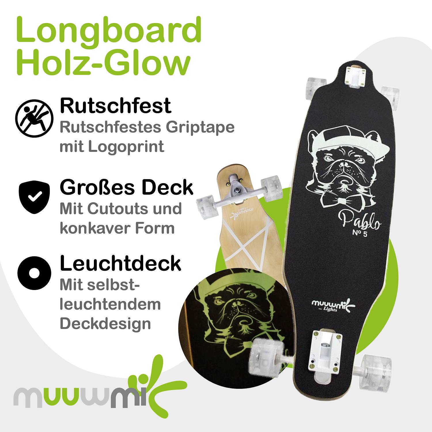 muuwmi Lights Longboard GLOW ABEC 7 Pablo, mit Leuchtrollen und Glow-Effekt