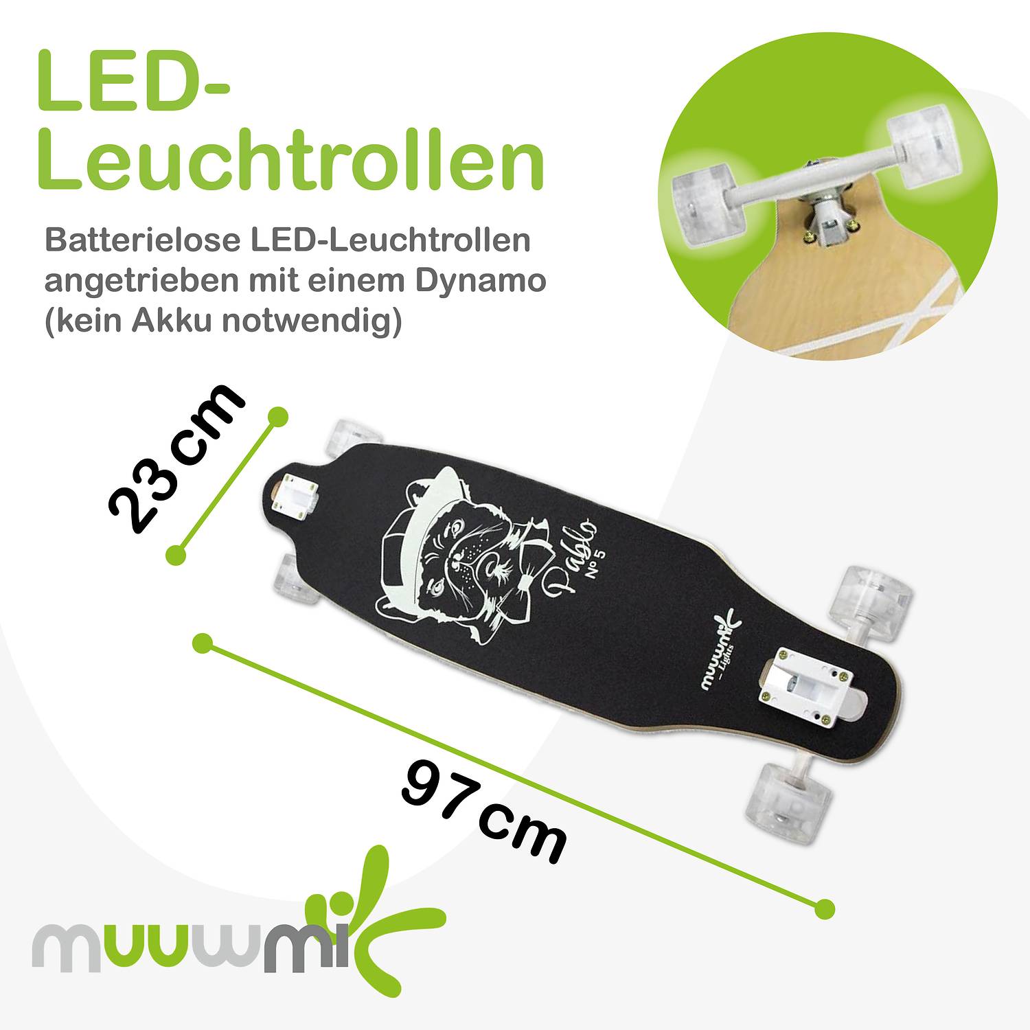 muuwmi Lights Longboard GLOW ABEC 7 Pablo, mit Leuchtrollen und Glow-Effekt