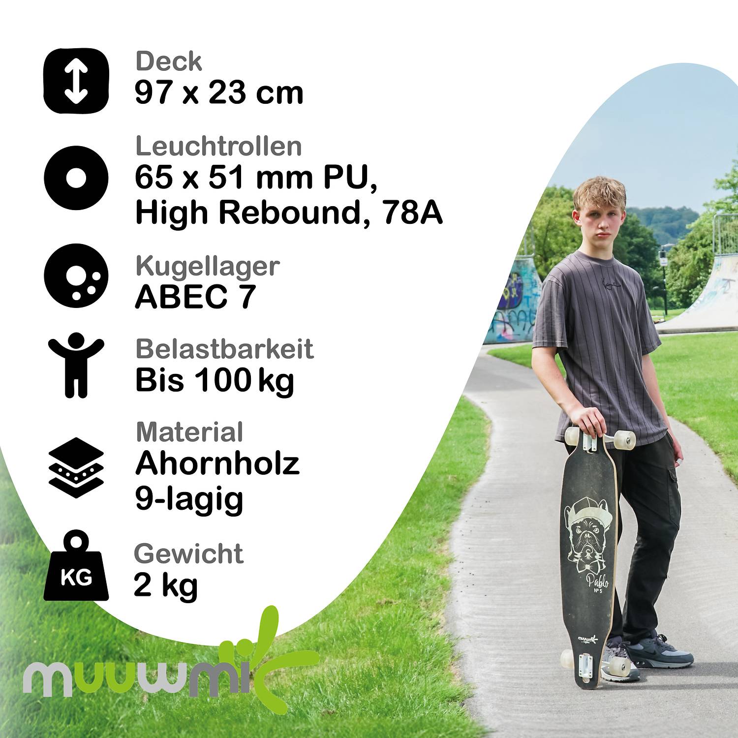 muuwmi Lights Longboard GLOW ABEC 7 Pablo, mit Leuchtrollen und Glow-Effekt