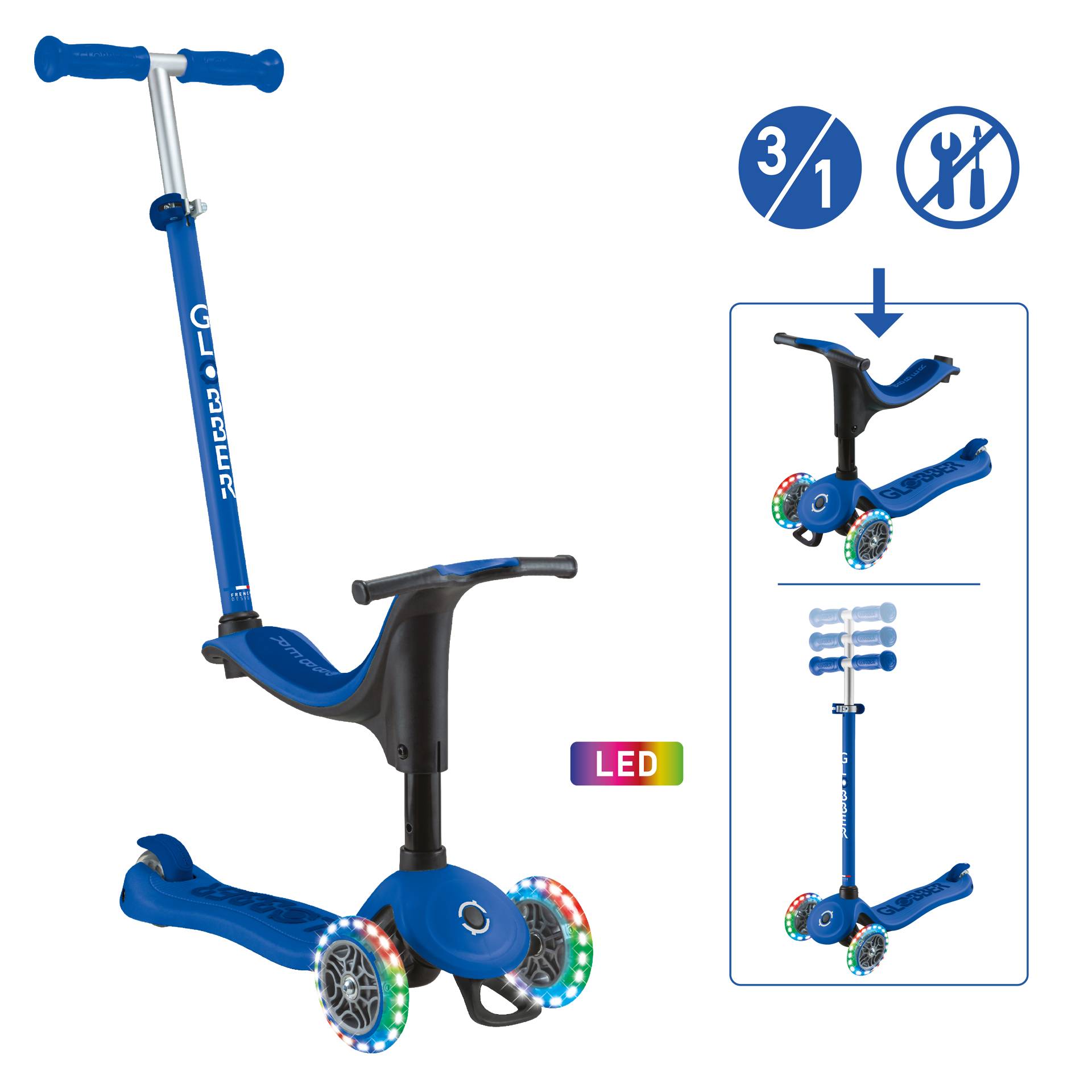 GLOBBER GO-UP SPORTY LIGHTS dunkelblau, mit Leuchtrollen