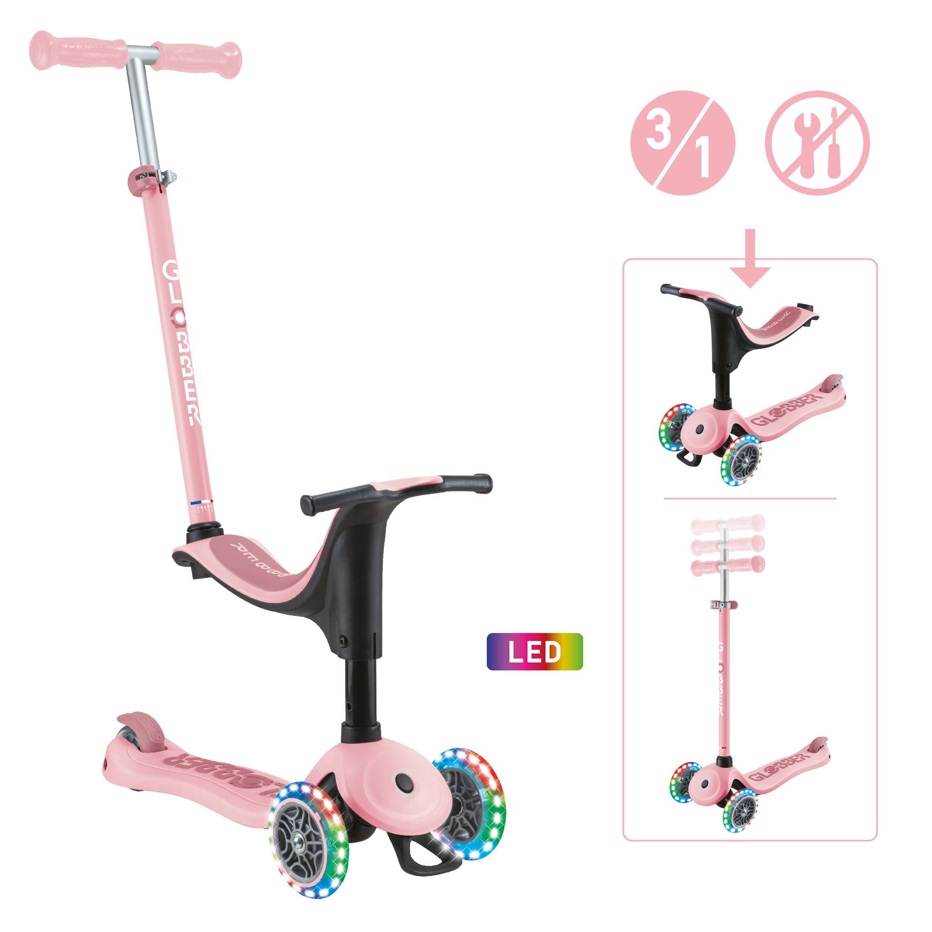 GLOBBER GO-UP SPORTY LIGHTS pastellrosa, mit Leuchtrollen