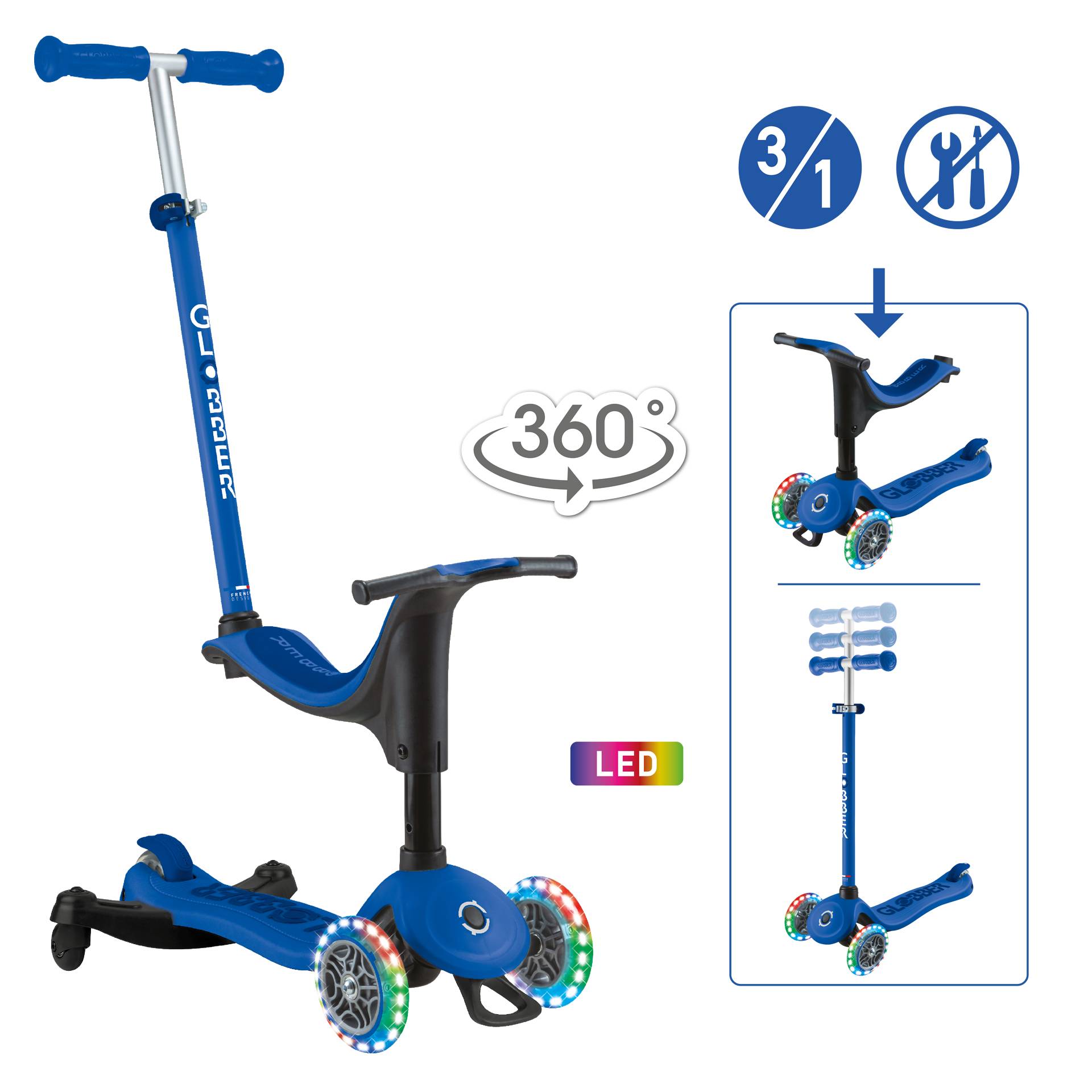 GLOBBER GO-UP SPORTY LIGHTS 360 dunkelblau, mit Leuchtrollen