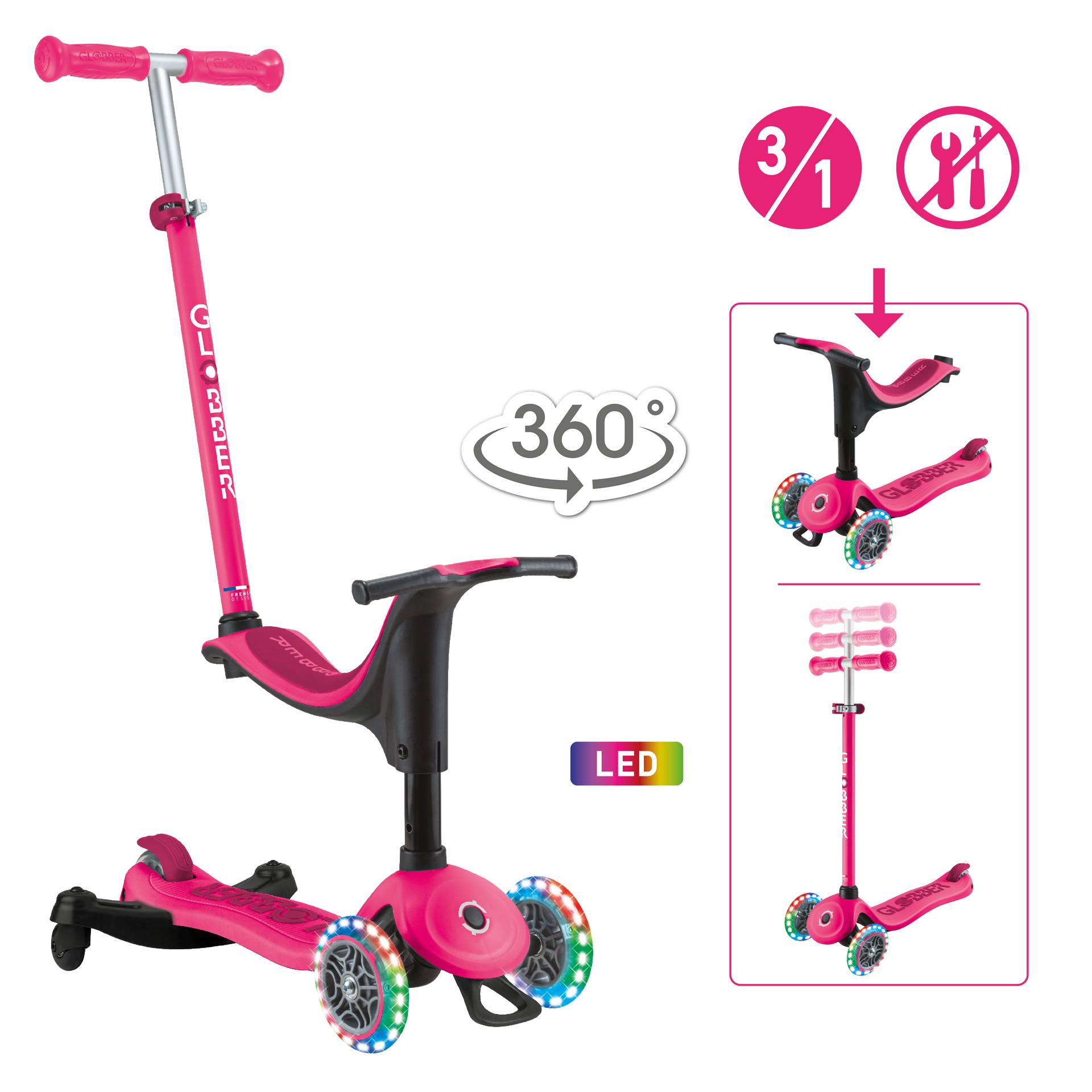 GLOBBER GO-UP SPORTY LIGHTS 360 fuchsia pink, mit Leuchtrollen