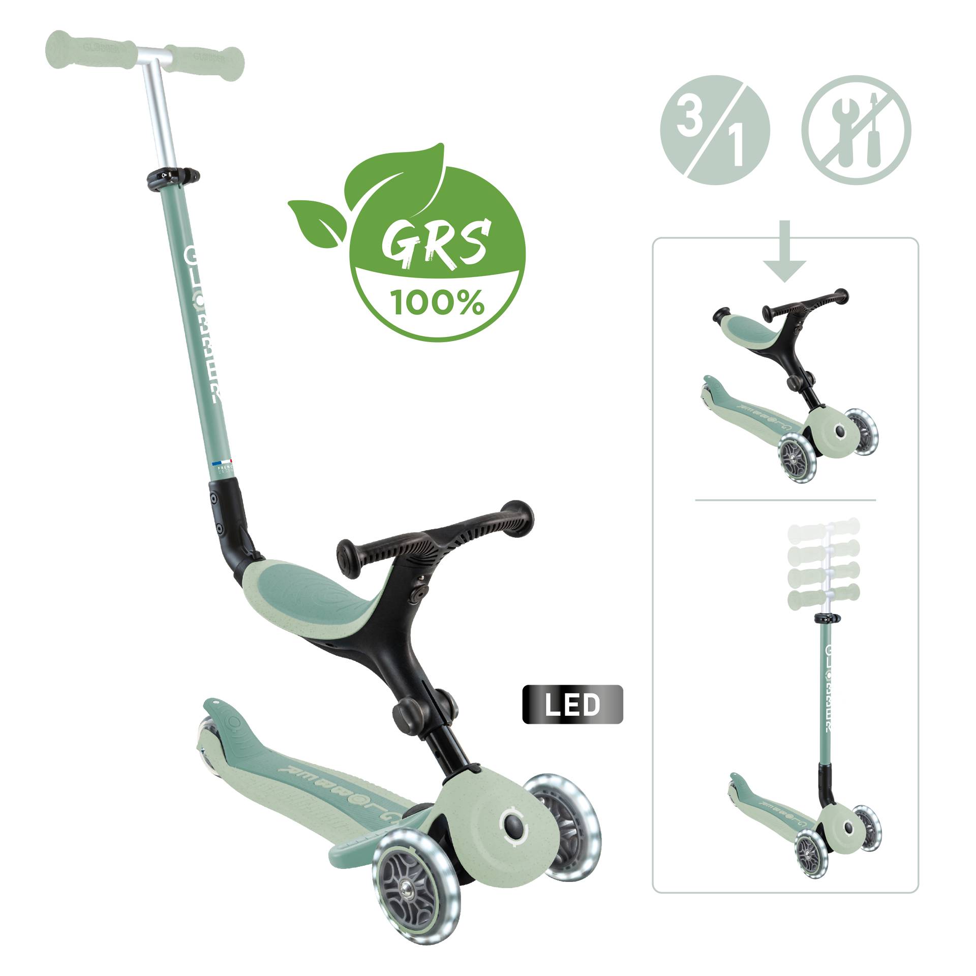GLOBBER GO-UP ACTIVE LIGHTS ECO pistazie, mit Leuchtrollen