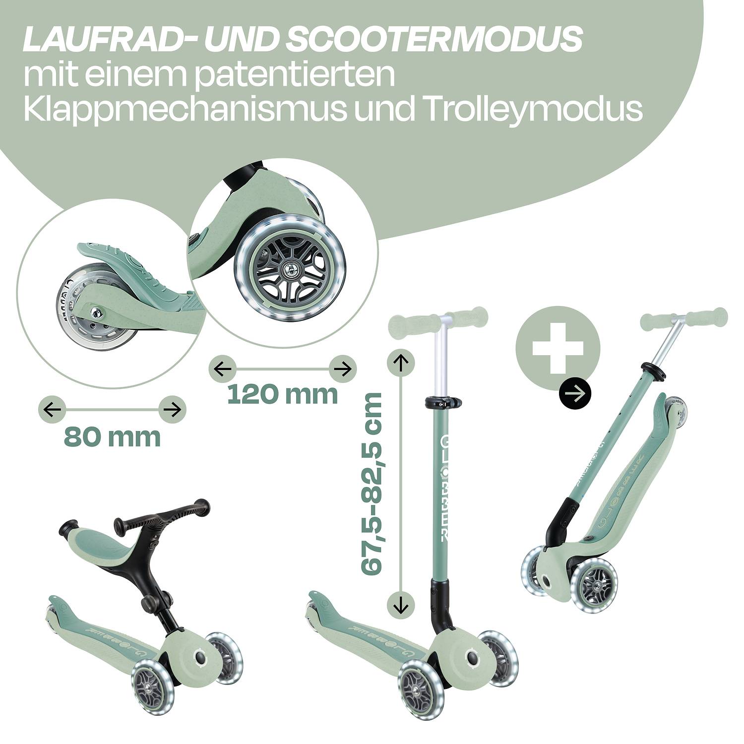 GLOBBER GO-UP ACTIVE LIGHTS ECO pistazie, mit Leuchtrollen