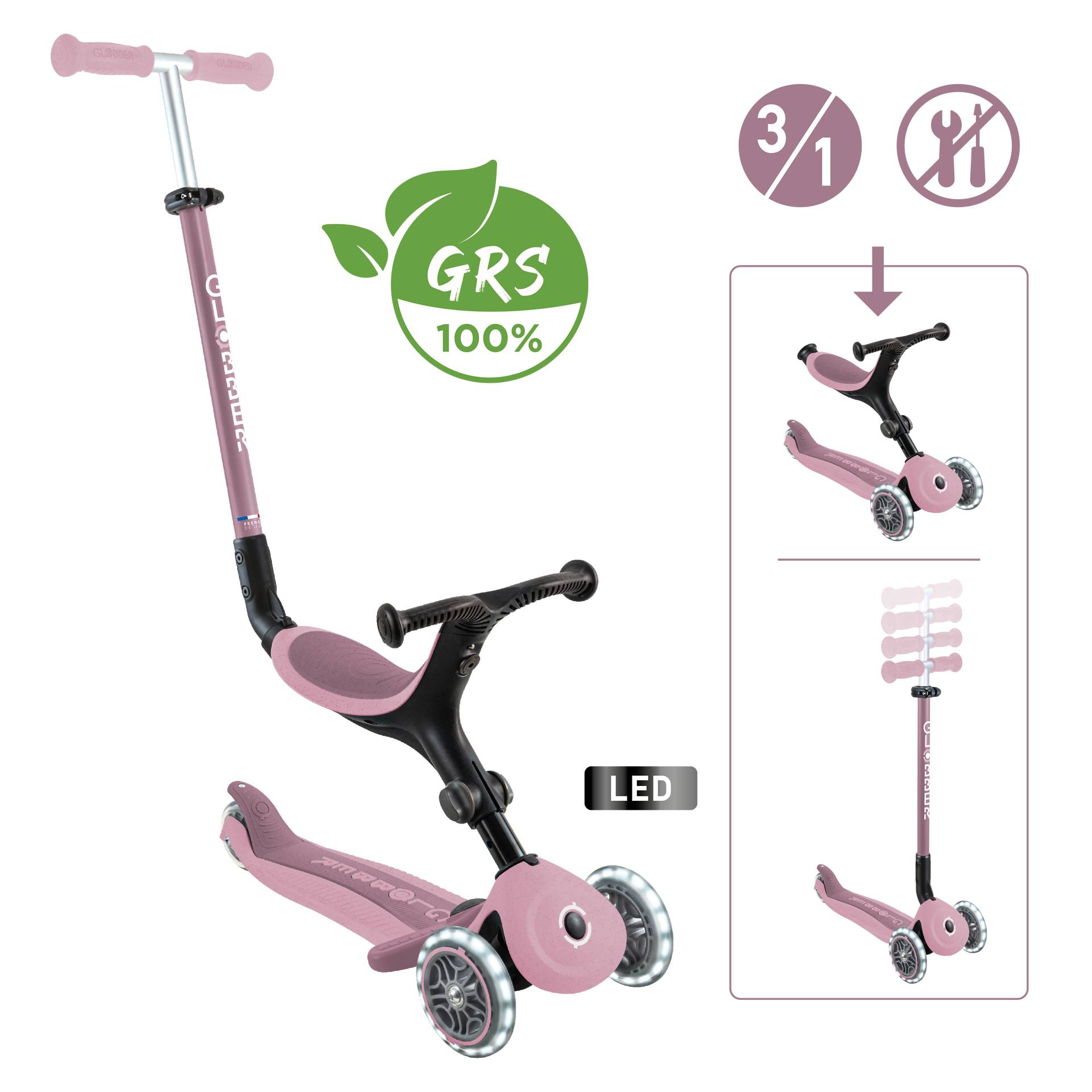 GLOBBER GO-UP ACTIVE LIGHTS ECO beere, mit Leuchtrollen