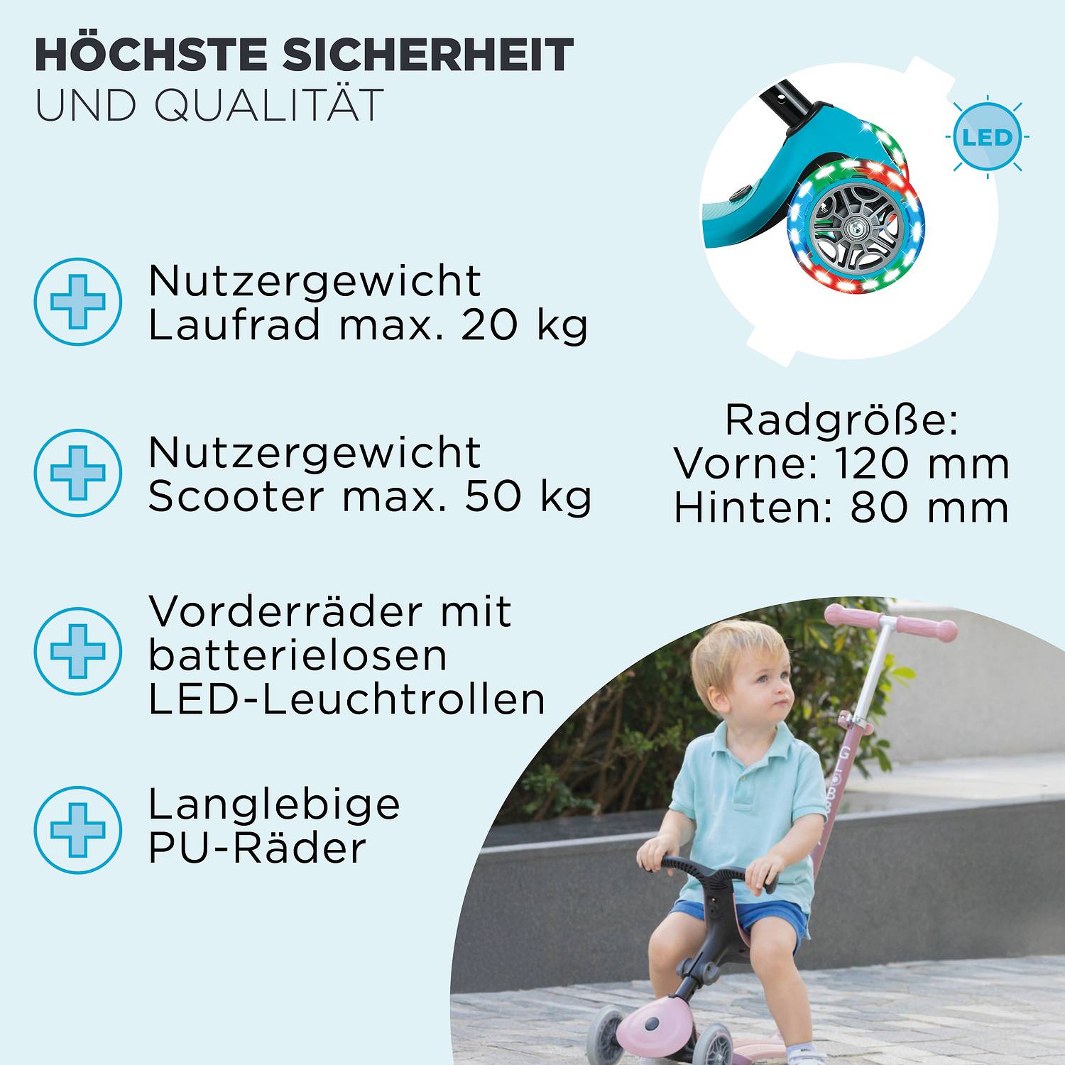 GLOBBER GO-UP ACTIVE LIGHTS 360 blau, mit Leuchtrollen