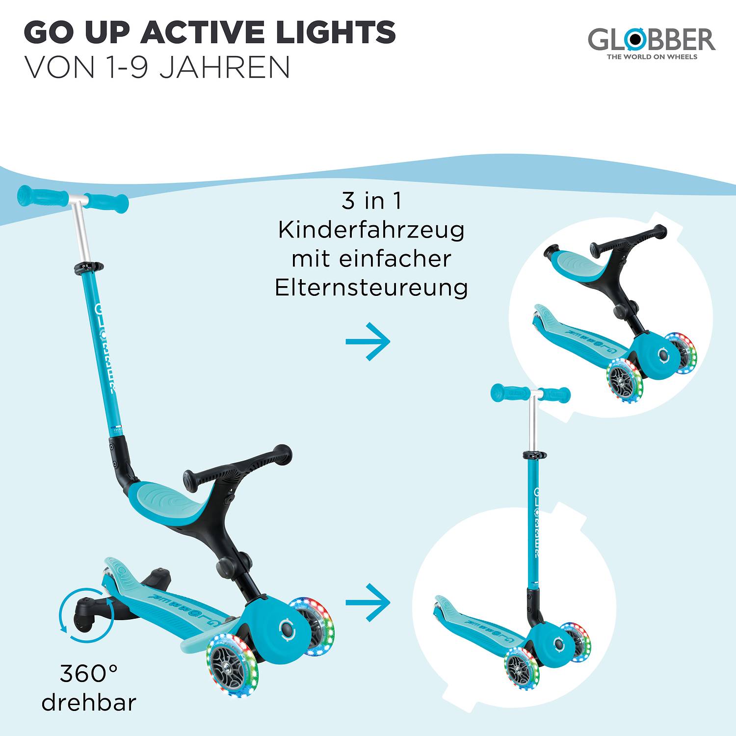 GLOBBER GO-UP ACTIVE LIGHTS 360 blau, mit Leuchtrollen