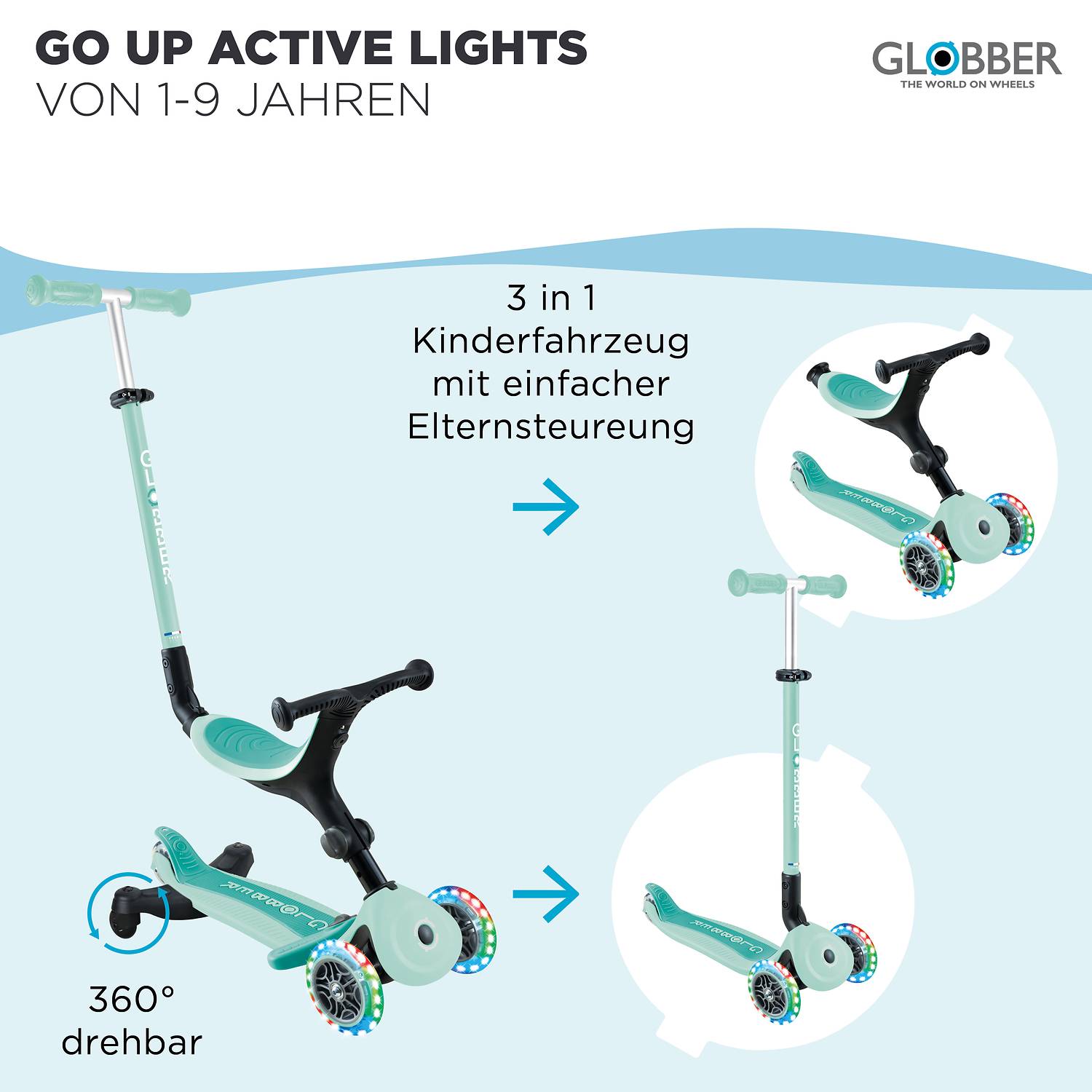 GLOBBER GO-UP ACTIVE LIGHTS 360 mint, mit Leuchtrollen