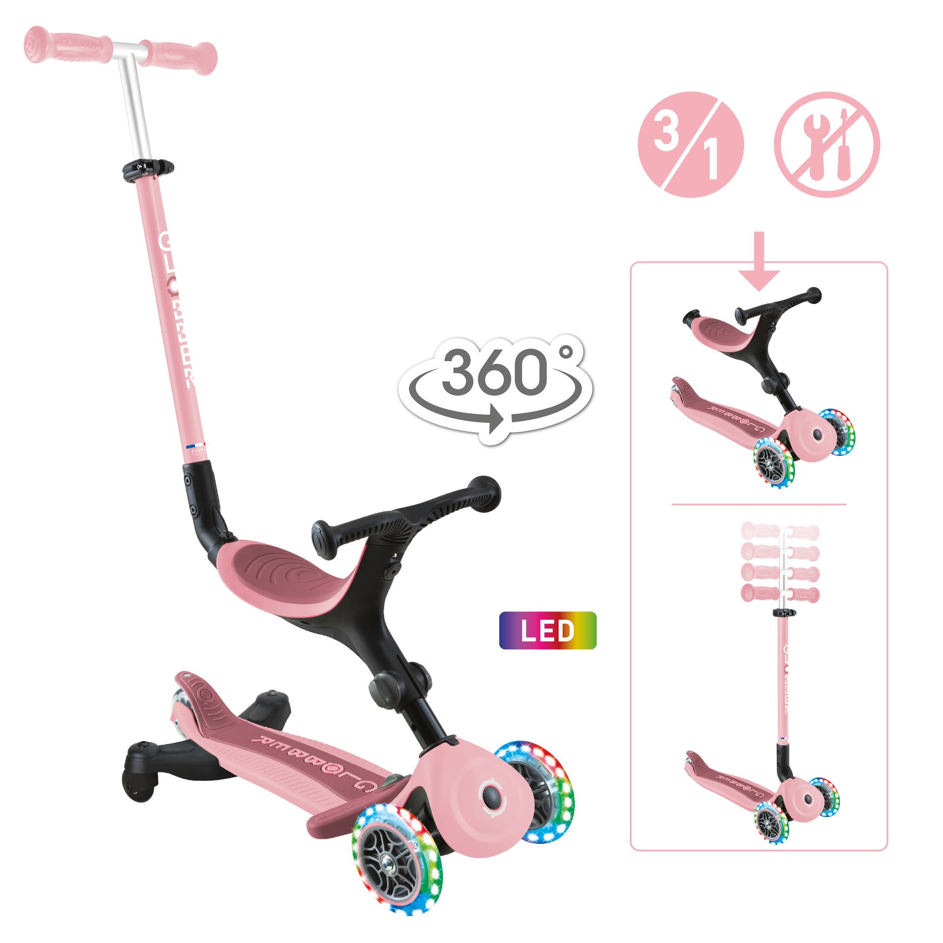 GLOBBER GO-UP ACTIVE LIGHTS 360 pastellrosa, mit Leuchtrollen