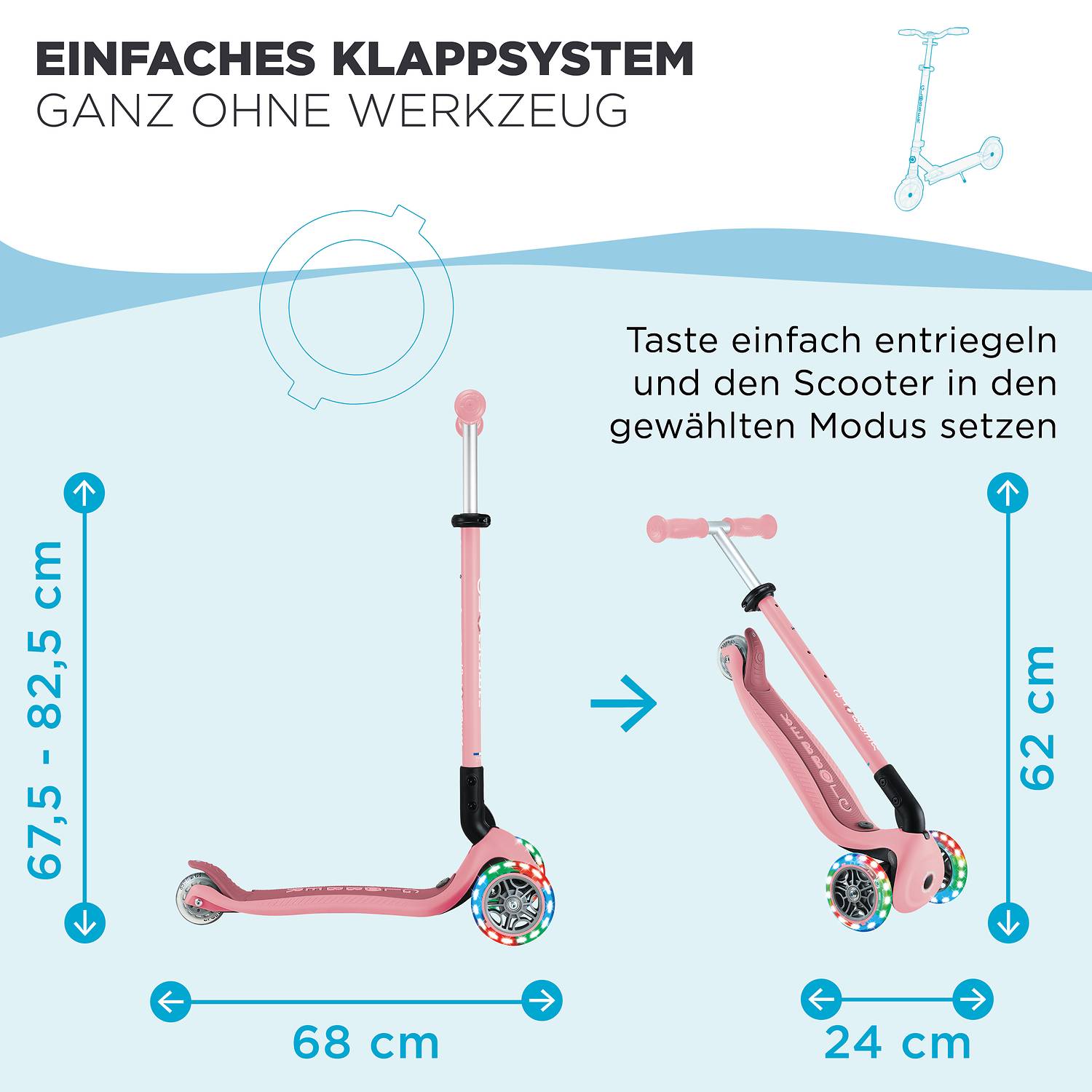 GLOBBER GO-UP ACTIVE LIGHTS 360 pastellrosa, mit Leuchtrollen