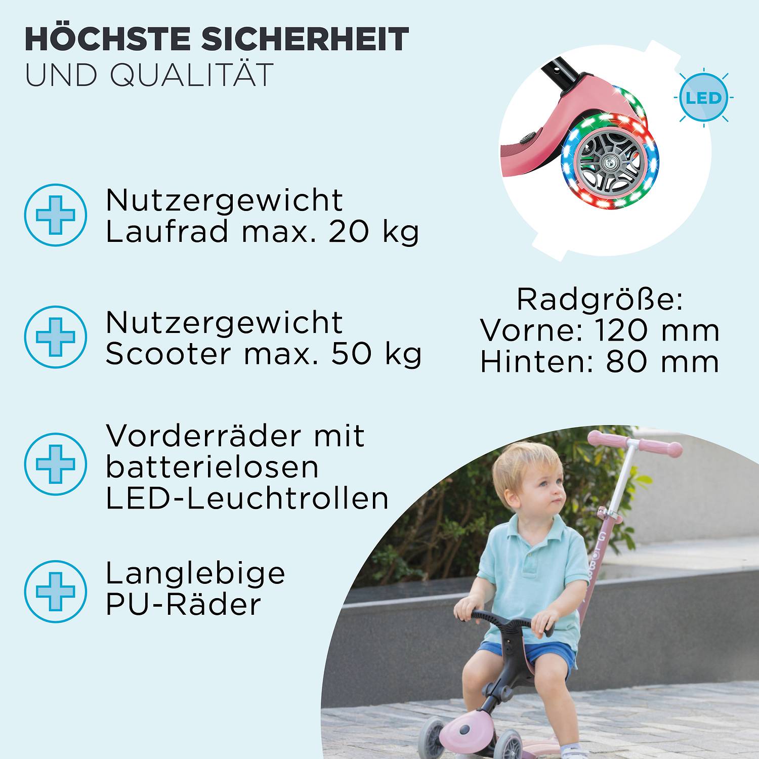GLOBBER GO-UP ACTIVE LIGHTS 360 pastellrosa, mit Leuchtrollen