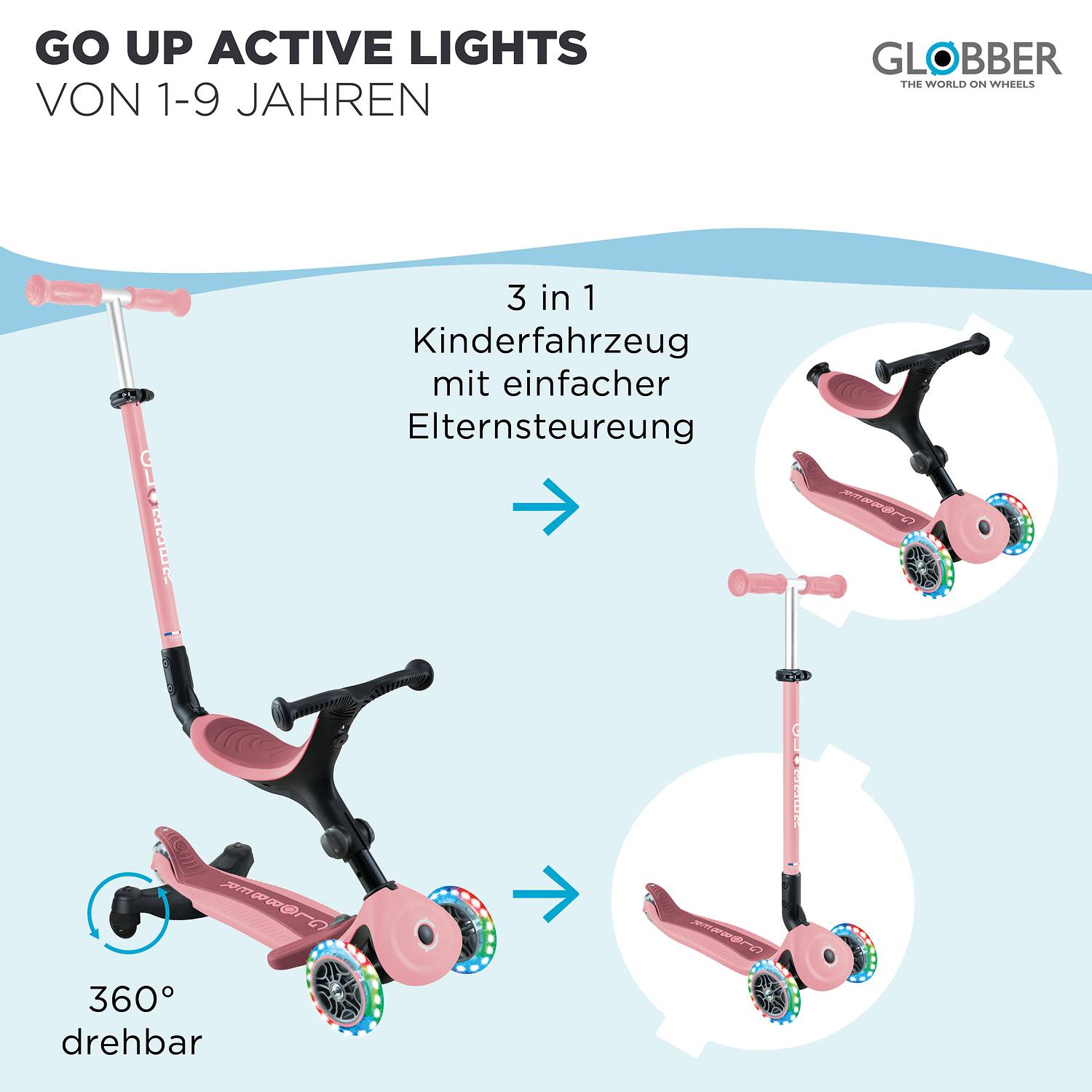GLOBBER GO-UP ACTIVE LIGHTS 360 pastellrosa, mit Leuchtrollen