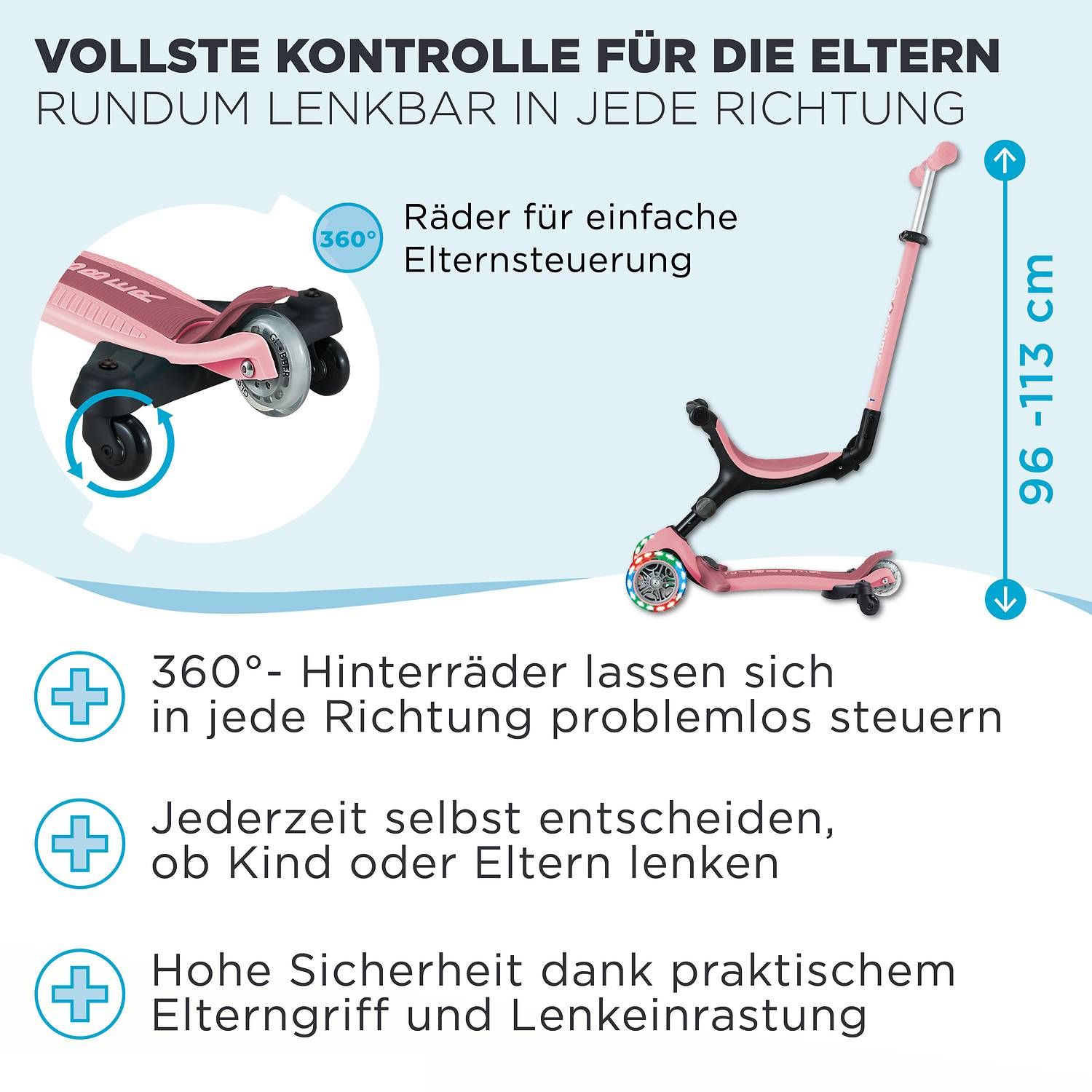 GLOBBER GO-UP ACTIVE LIGHTS 360 pastellrosa, mit Leuchtrollen