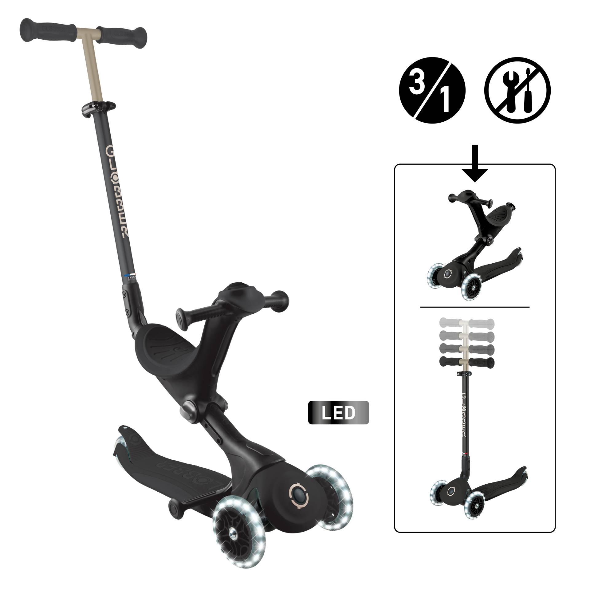 GLOBBER GO-UP DELUXE LIGHTS schwarz, mit Leuchtrollen