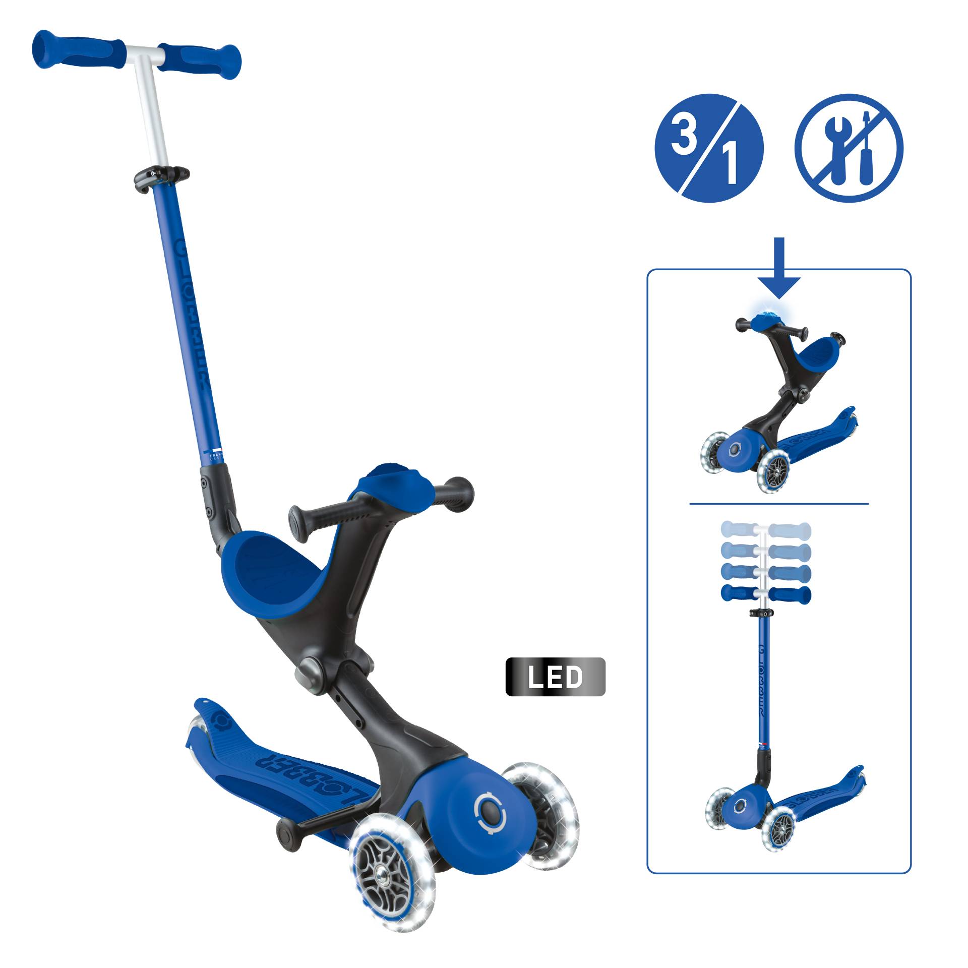 GLOBBER GO-UP DELUXE LIGHTS dunkelblau, mit Leuchtrollen und Leuchtmodul