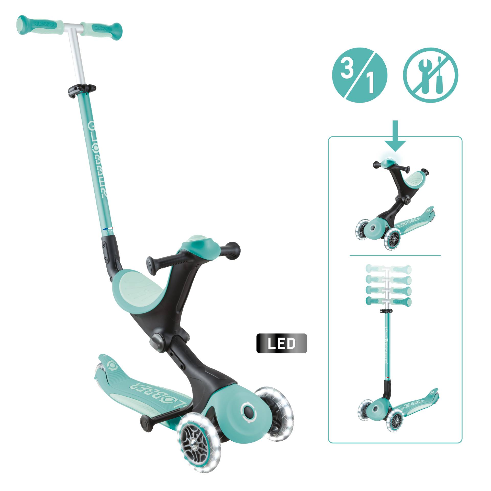 GLOBBER GO-UP DELUXE LIGHTS dunkelmint, mit Leuchtrollen und Leuchtmodul