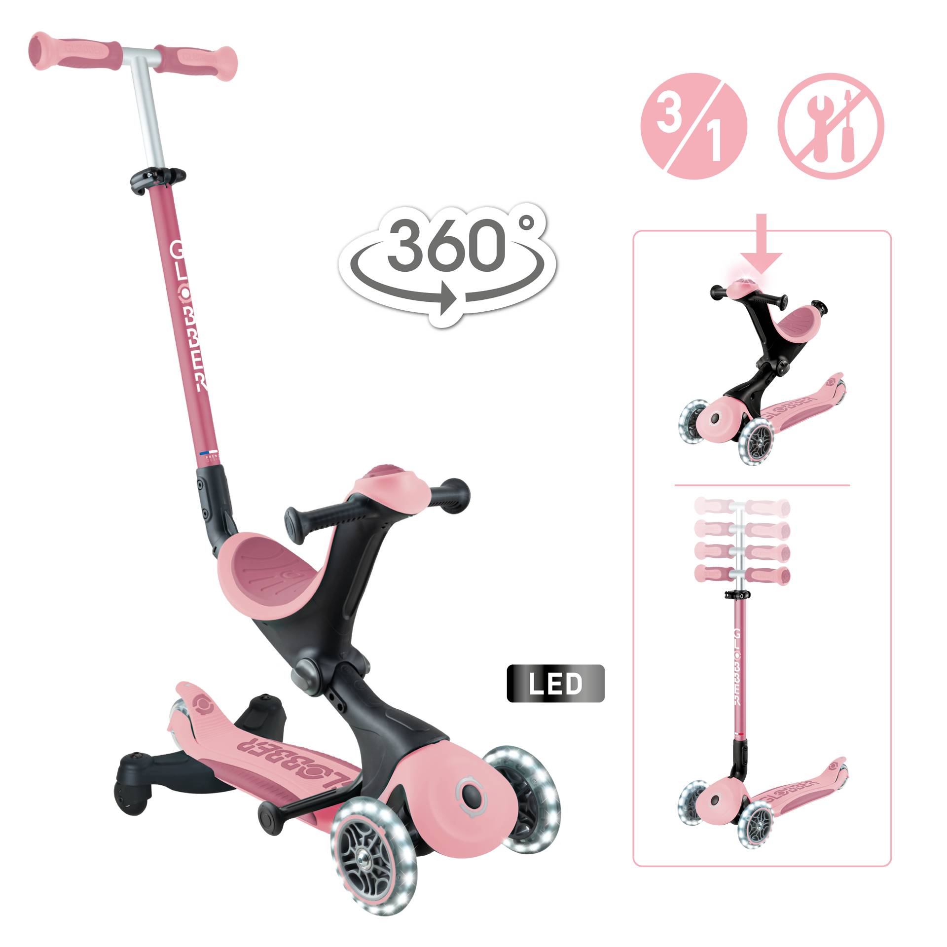 GLOBBER GO-UP DELUXE LIGHTS 360 pastellrosa, mit Leuchtrollen