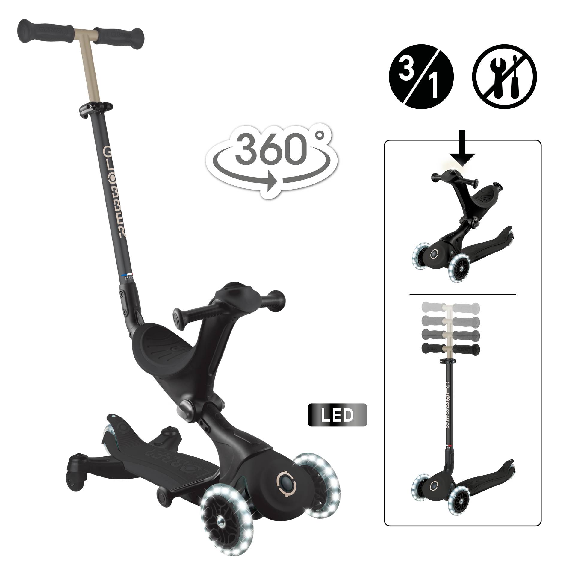 GLOBBER GO-UP DELUXE LIGHTS 360 schwarz, mit Leuchtrollen