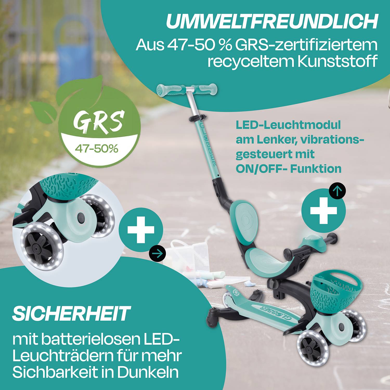 GLOBBER GO-UP BABY 360 LIGHTS mint, mit Leuchtrollen und Leuchtmodul