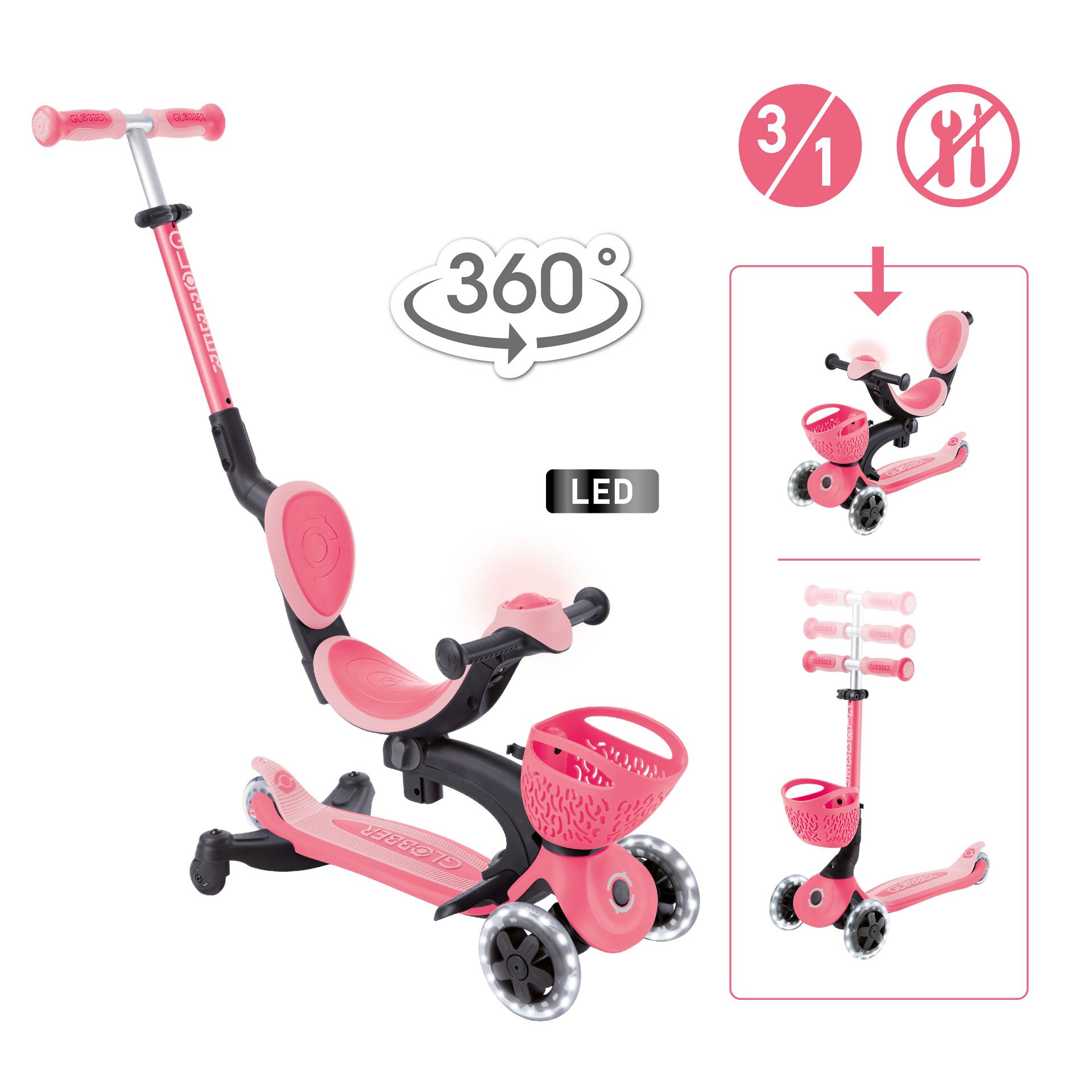 GLOBBER GO-UP BABY 360 LIGHTS coral pink, mit Leuchtrollen und Leuchtmodul
