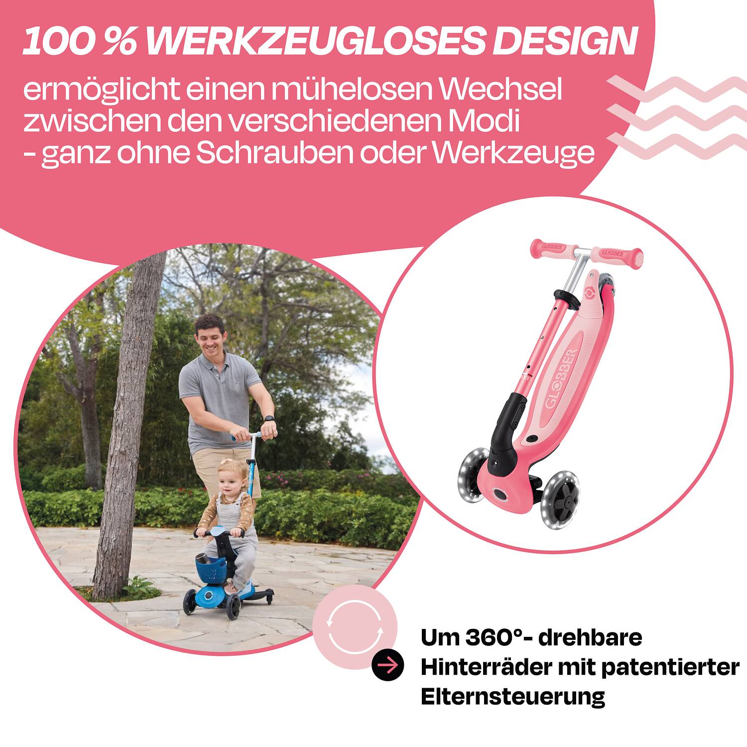GLOBBER GO-UP BABY 360 LIGHTS coral pink, mit Leuchtrollen und Leuchtmodul