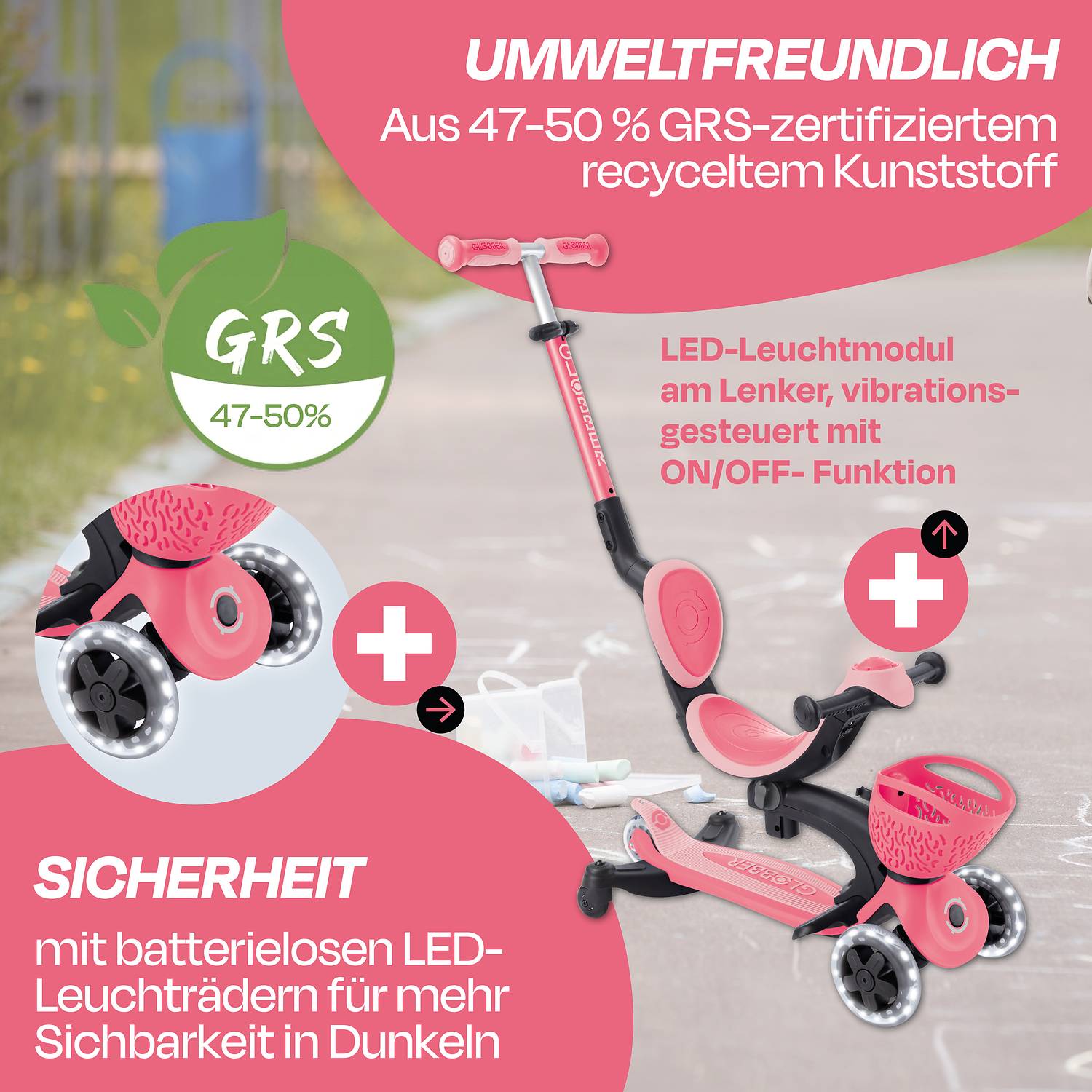 GLOBBER GO-UP BABY 360 LIGHTS coral pink, mit Leuchtrollen und Leuchtmodul