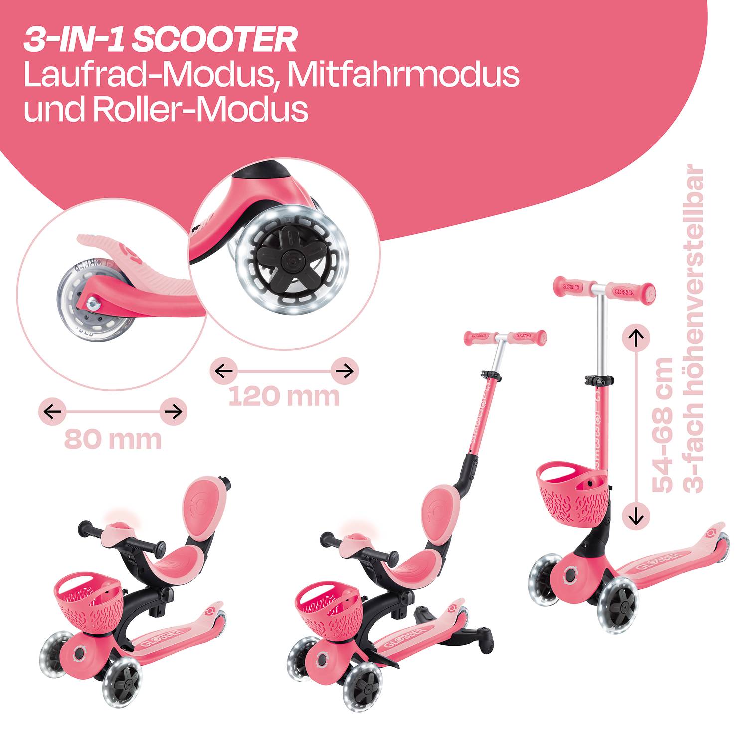 GLOBBER GO-UP BABY 360 LIGHTS coral pink, mit Leuchtrollen und Leuchtmodul