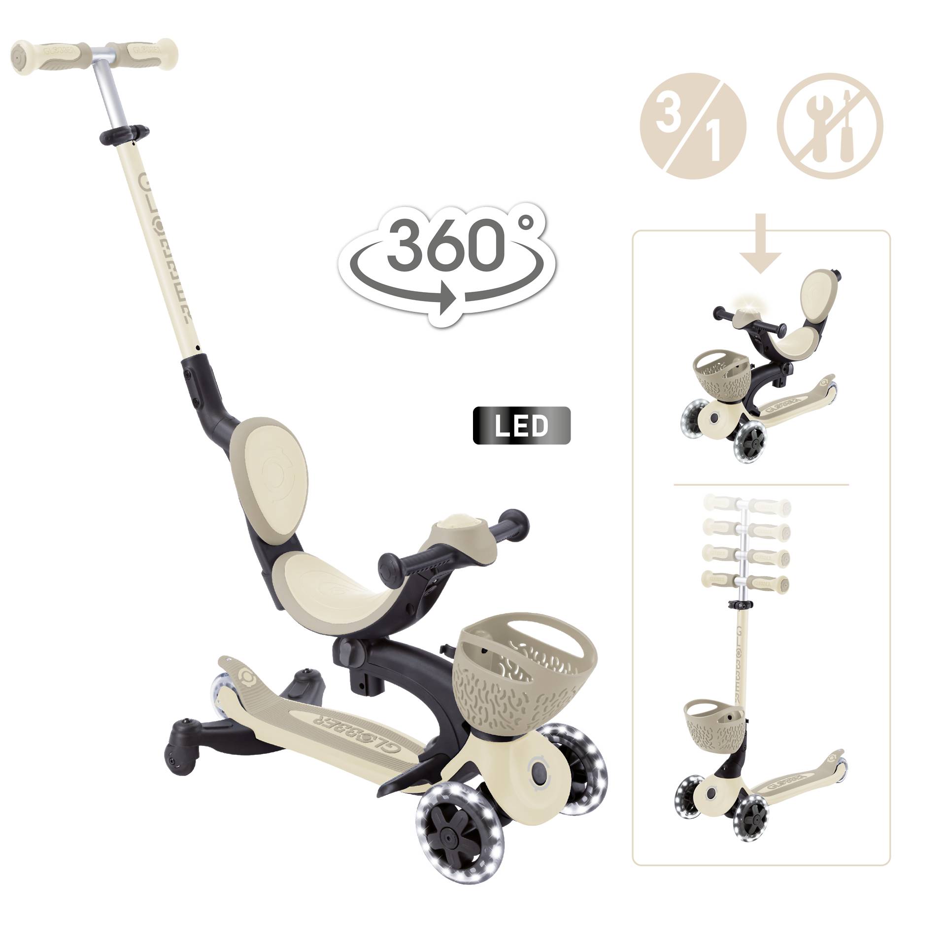 GLOBBER GO-UP BABY 360 LIGHTS taupe, mit Leuchtrollen und Leuchtmodul