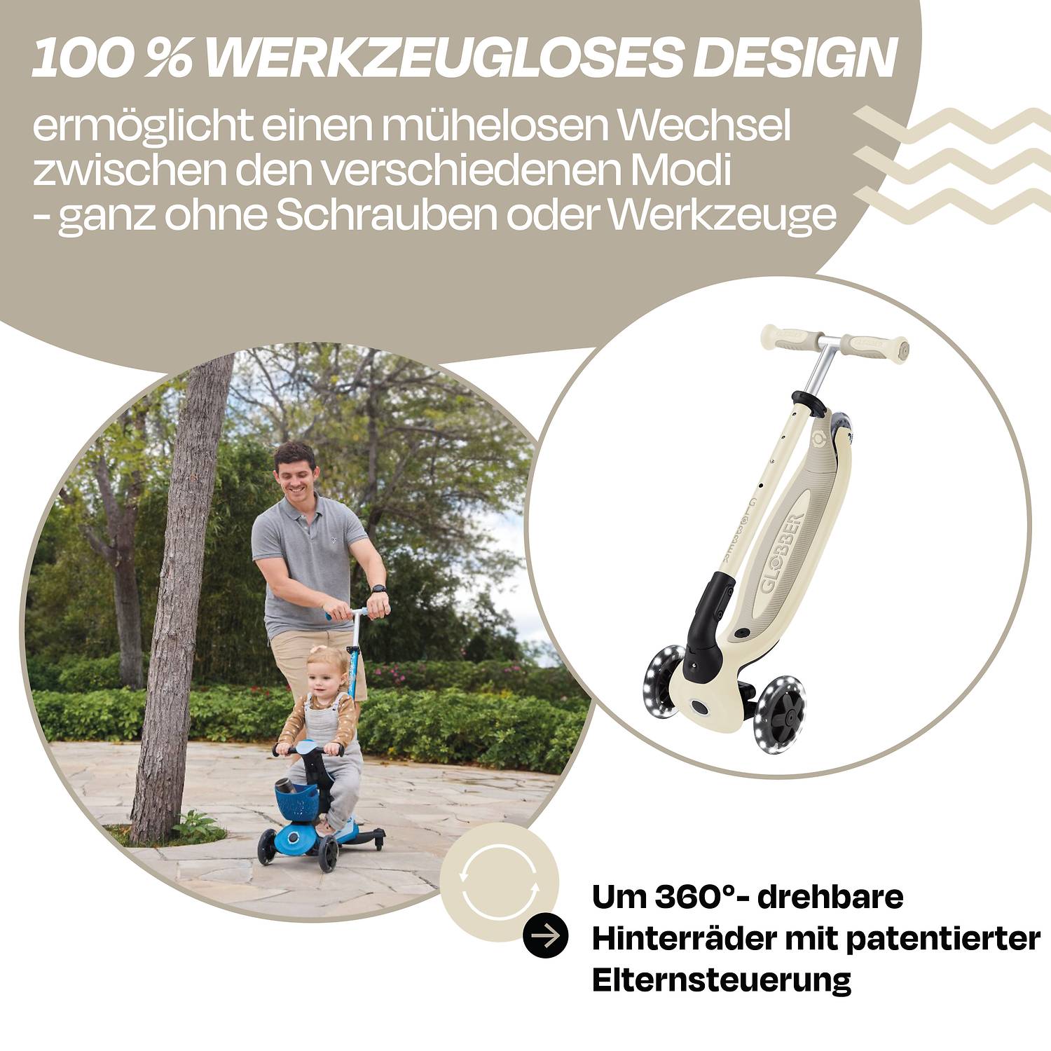GLOBBER GO-UP BABY 360 LIGHTS taupe, mit Leuchtrollen und Leuchtmodul