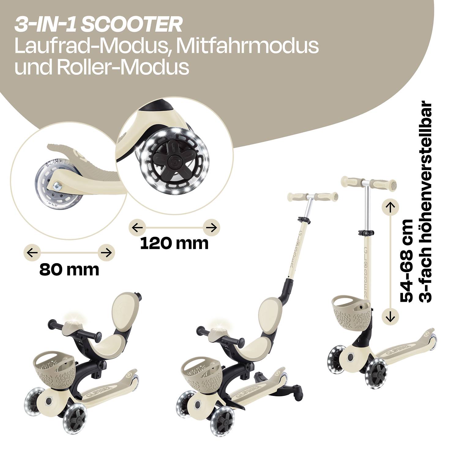 GLOBBER GO-UP BABY 360 LIGHTS taupe, mit Leuchtrollen und Leuchtmodul