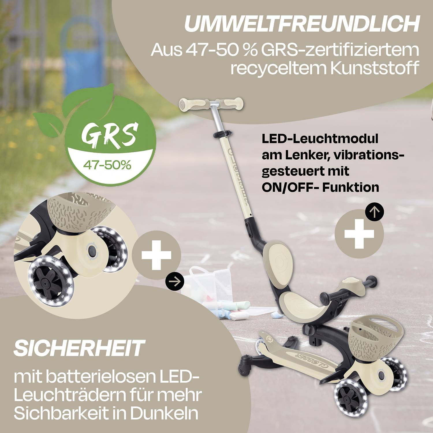 GLOBBER GO-UP BABY 360 LIGHTS taupe, mit Leuchtrollen und Leuchtmodul