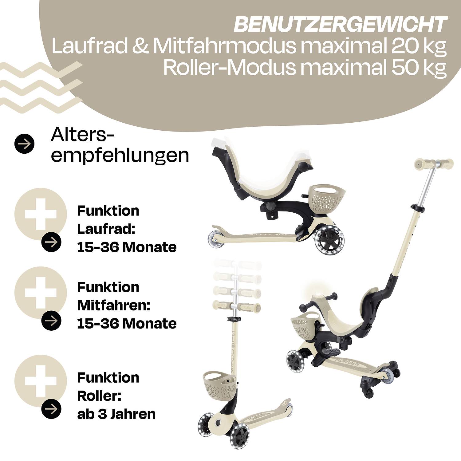 GLOBBER GO-UP BABY 360 LIGHTS taupe, mit Leuchtrollen und Leuchtmodul