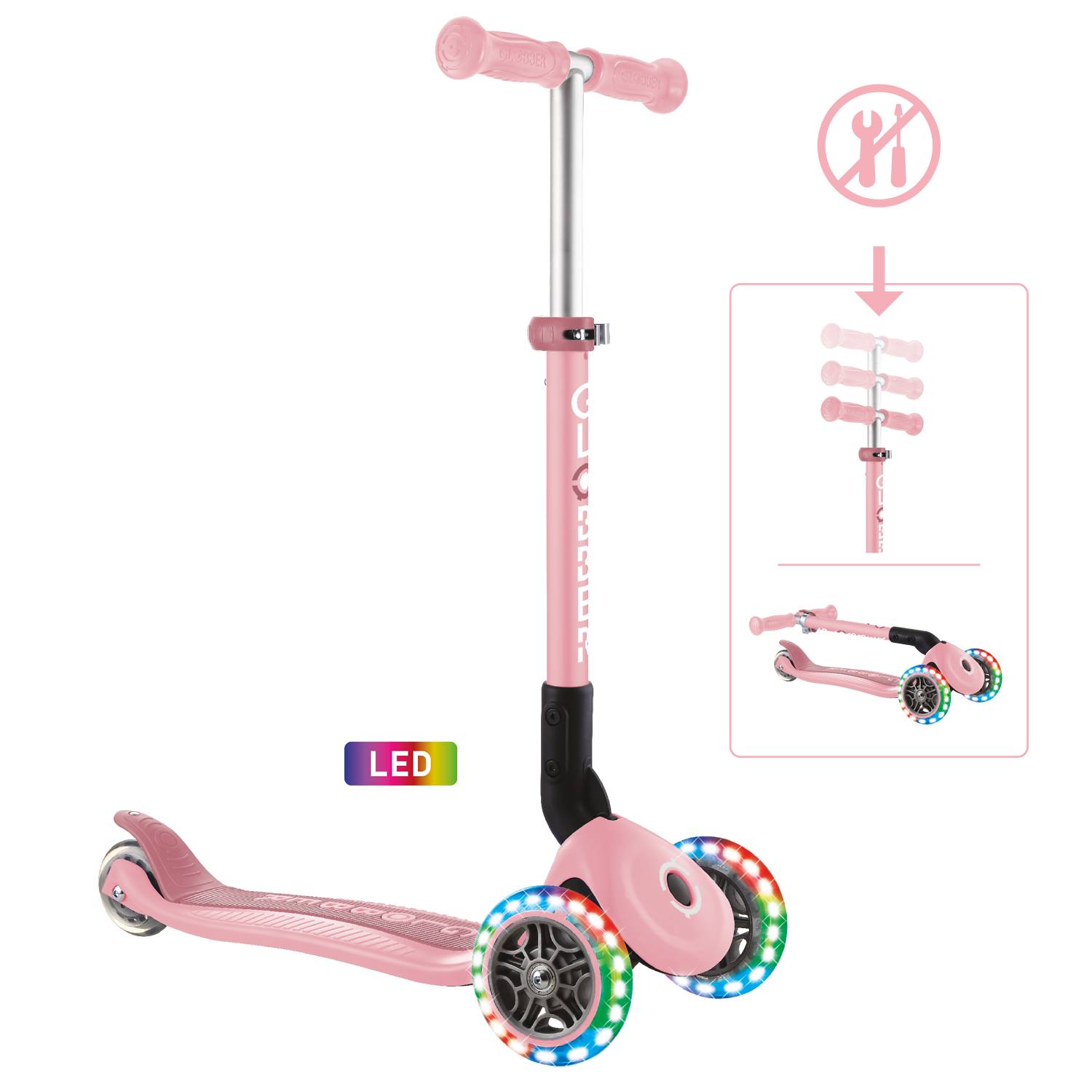 GLOBBER JUNIOR FOLDABLE LIGHTS pastellrosa, mit Leuchtrollen