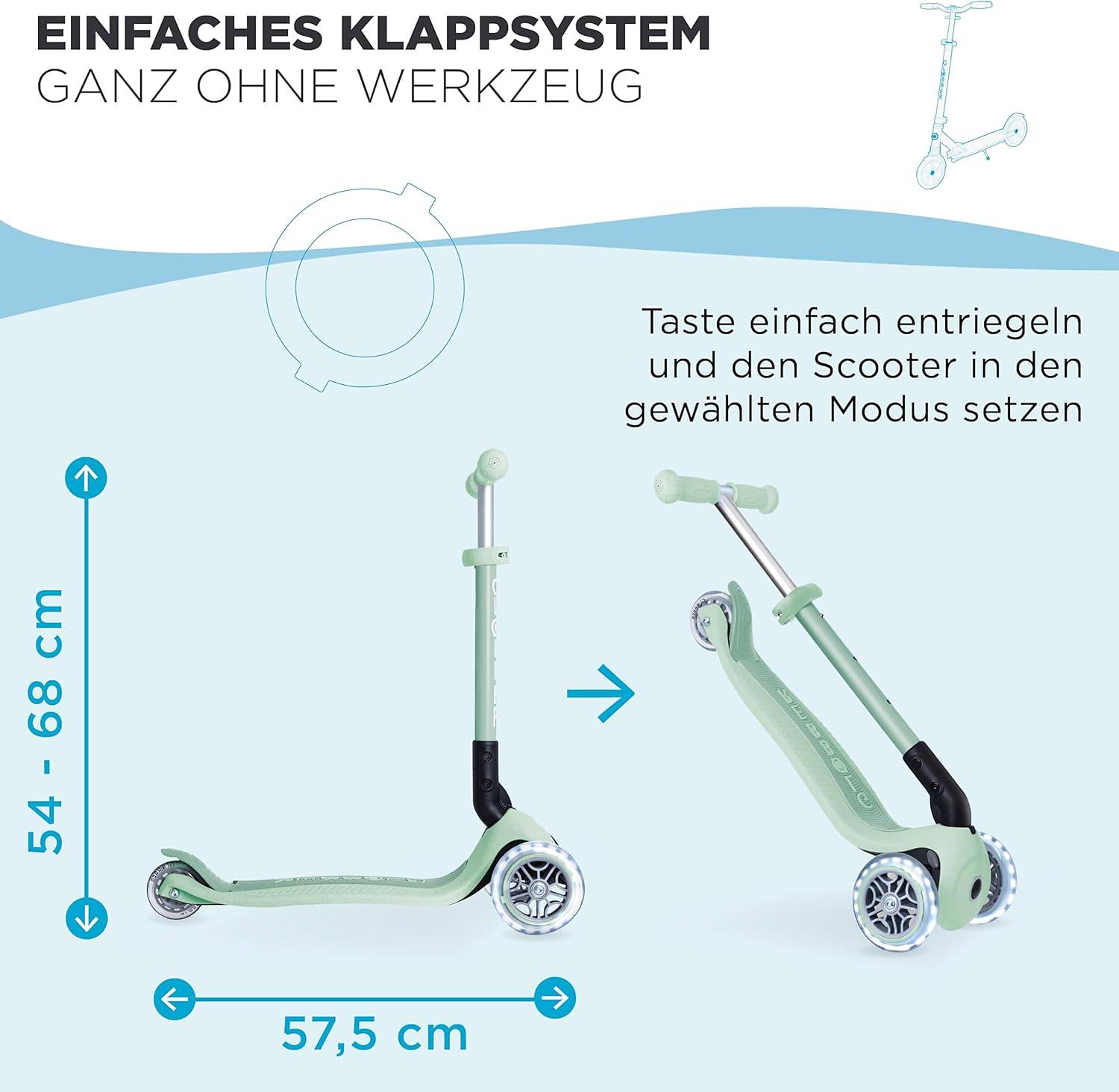 GLOBBER JUNIOR FOLDABLE LIGHTS ECO pistazie, mit Leuchtrollen