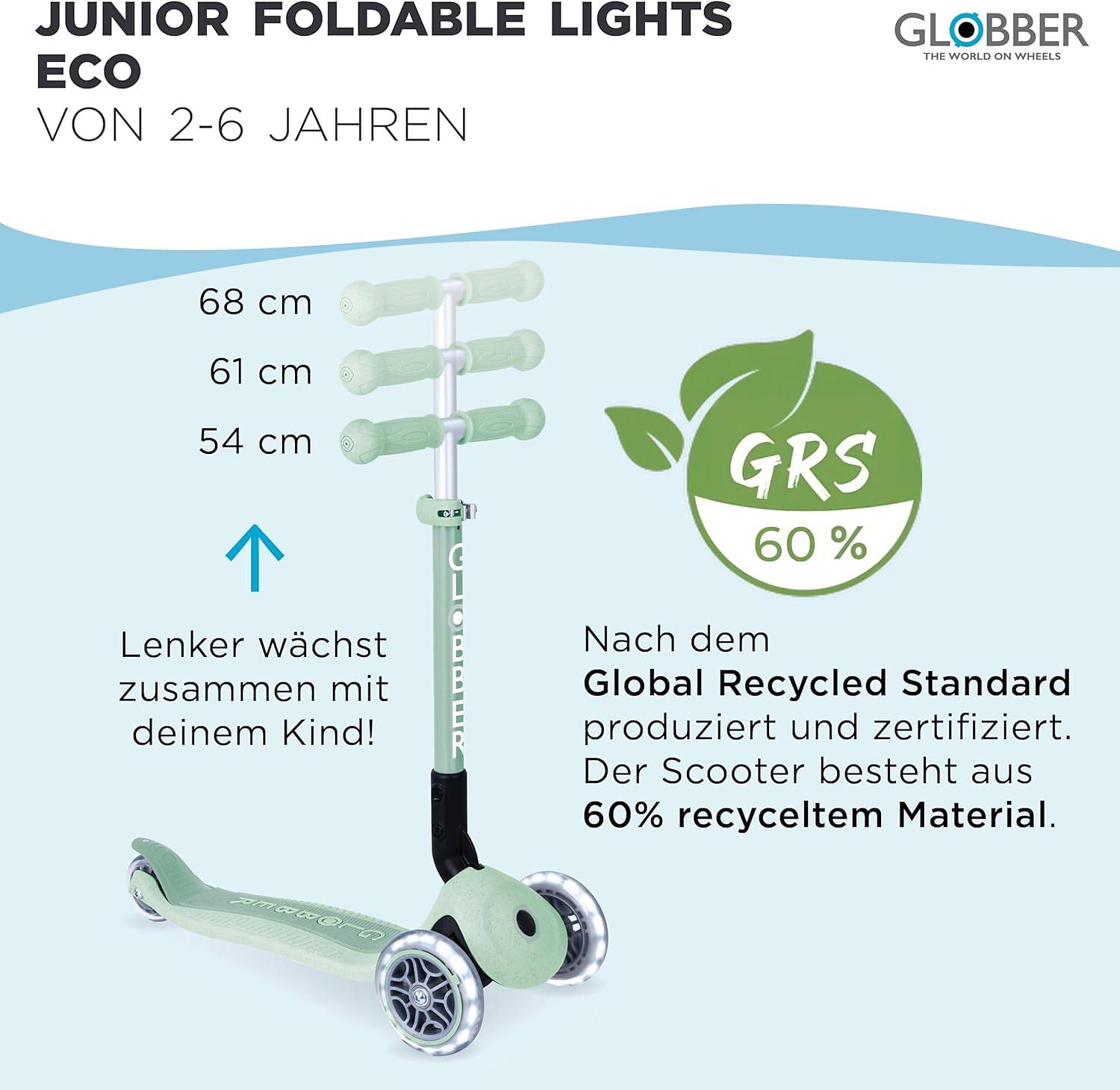 GLOBBER JUNIOR FOLDABLE LIGHTS ECO pistazie, mit Leuchtrollen