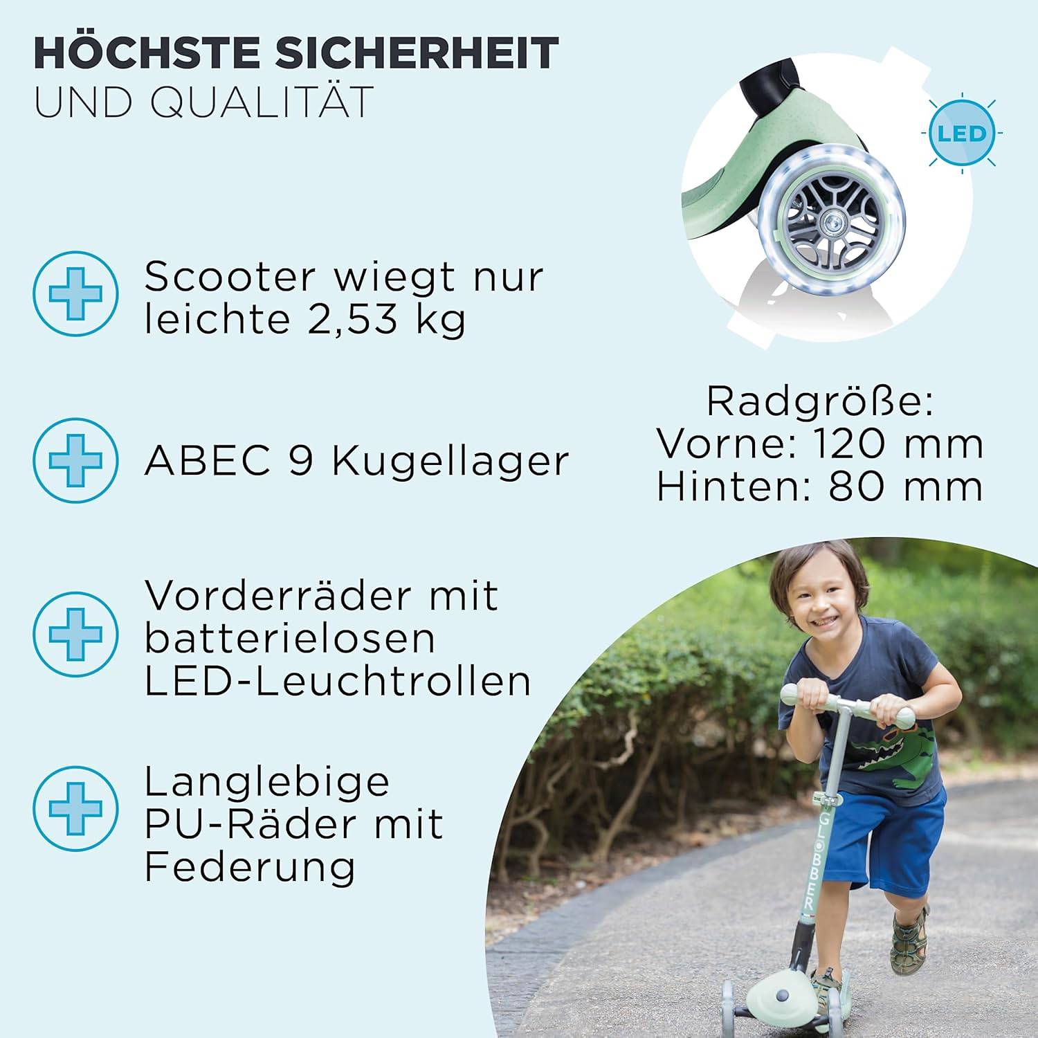 GLOBBER JUNIOR FOLDABLE LIGHTS ECO pistazie, mit Leuchtrollen