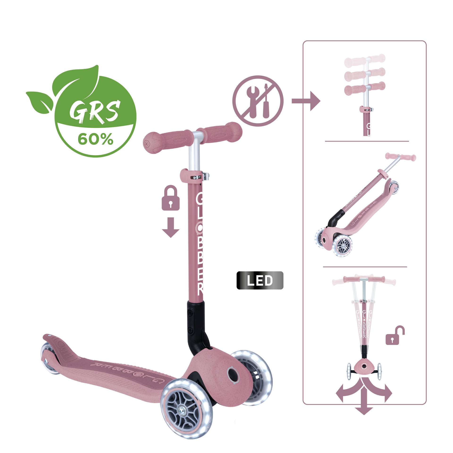 GLOBBER JUNIOR FOLDABLE LIGHTS ECO beere, mit Leuchtrollen