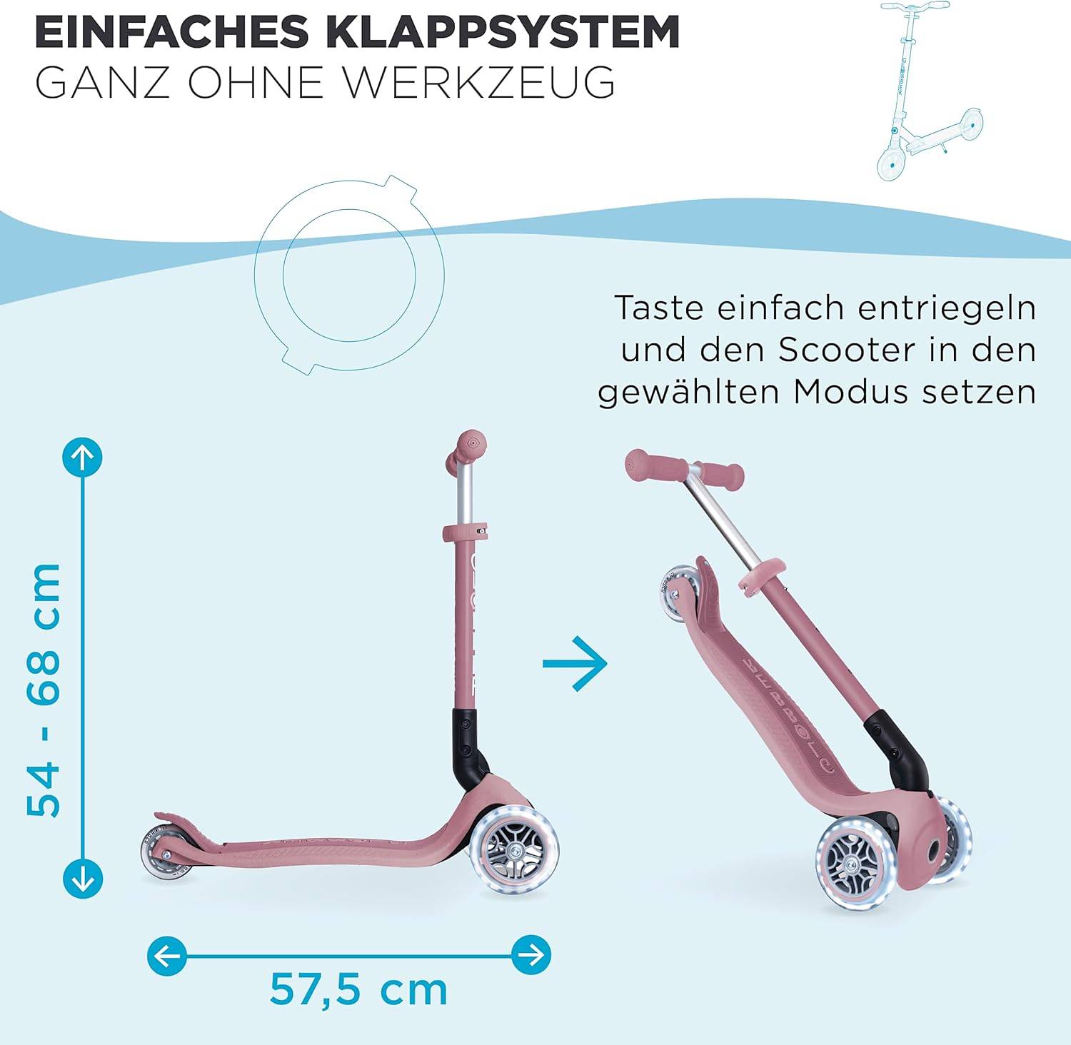 GLOBBER JUNIOR FOLDABLE LIGHTS ECO beere, mit Leuchtrollen