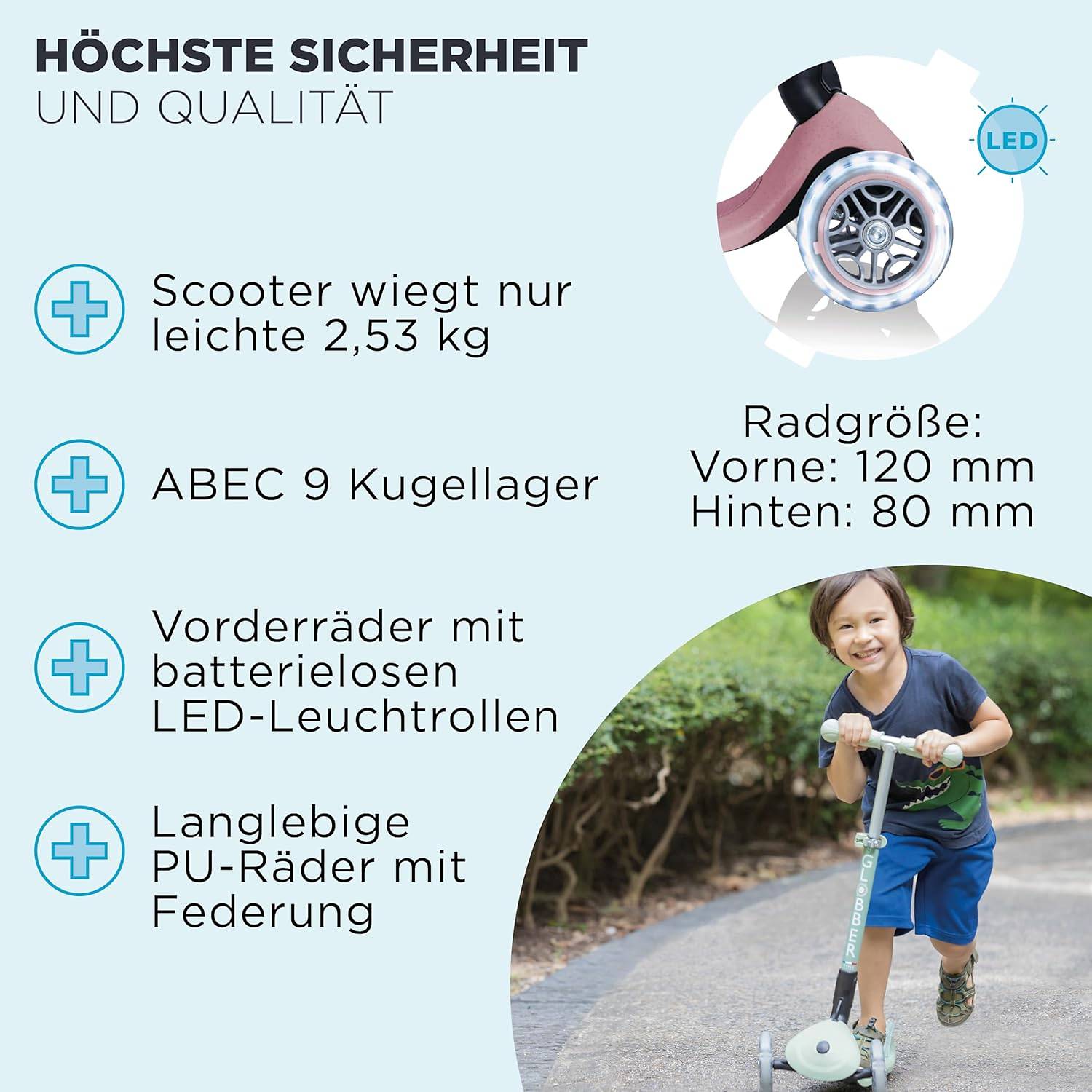 GLOBBER JUNIOR FOLDABLE LIGHTS ECO beere, mit Leuchtrollen